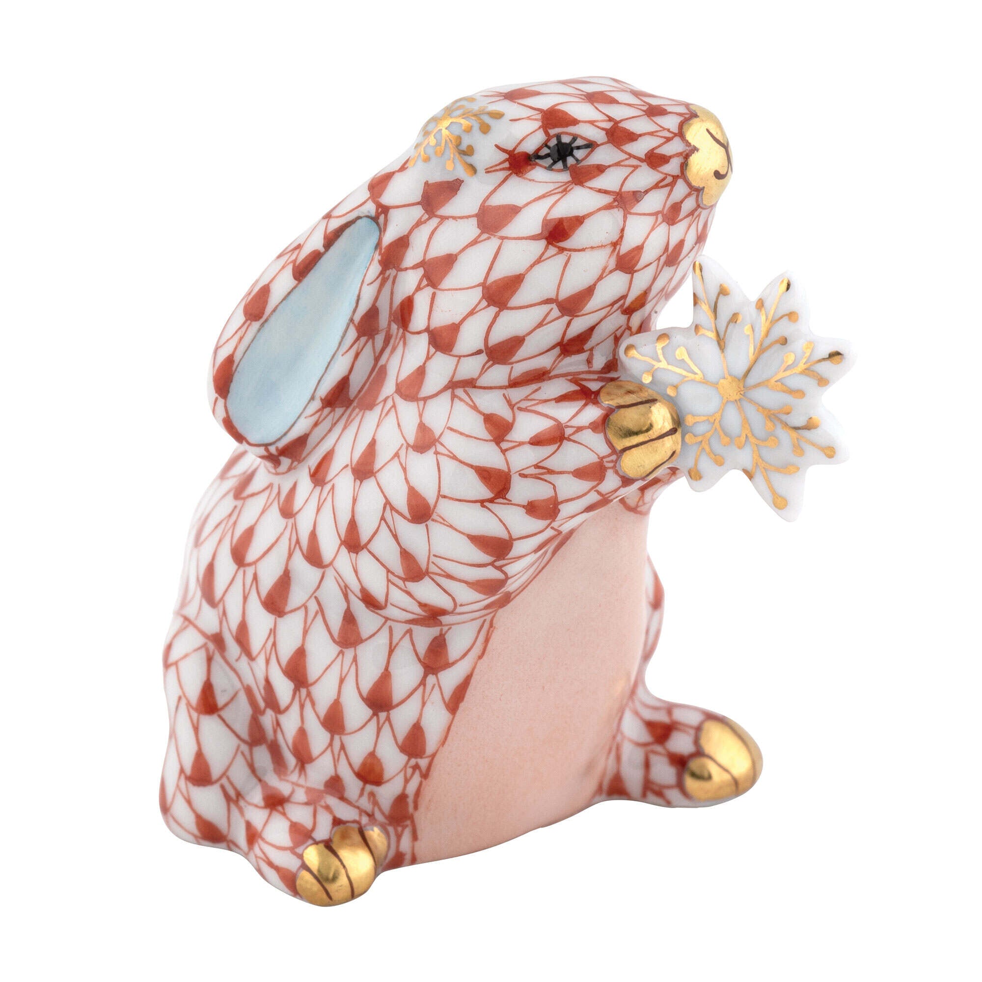 Hand-painted Herend Snowflake Bunny Figurine in Rust fishnet porcelain on a white background