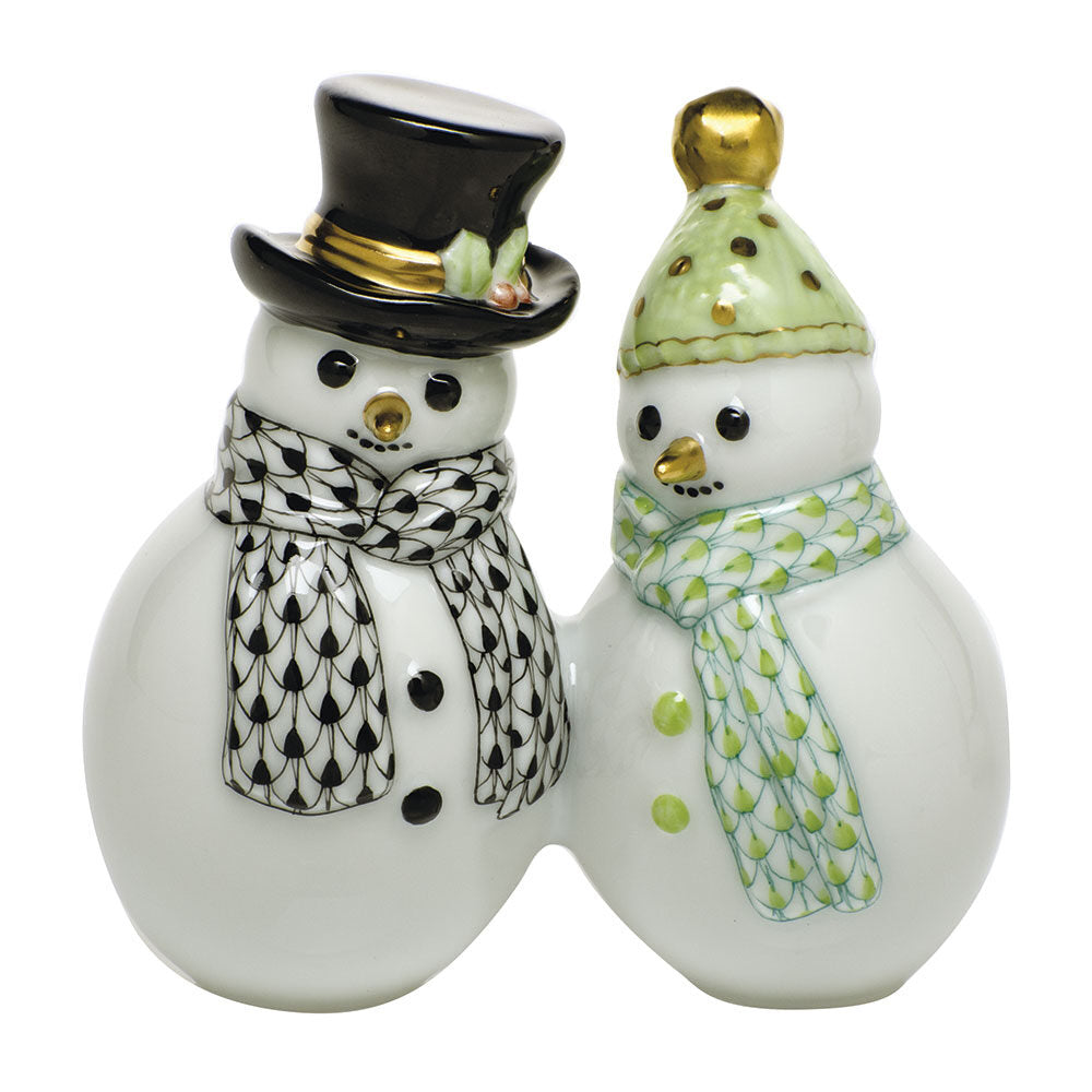 Hand-painted Herend Snowman Couple Figurine in Black-Key Lime fishnet porcelain on a white background