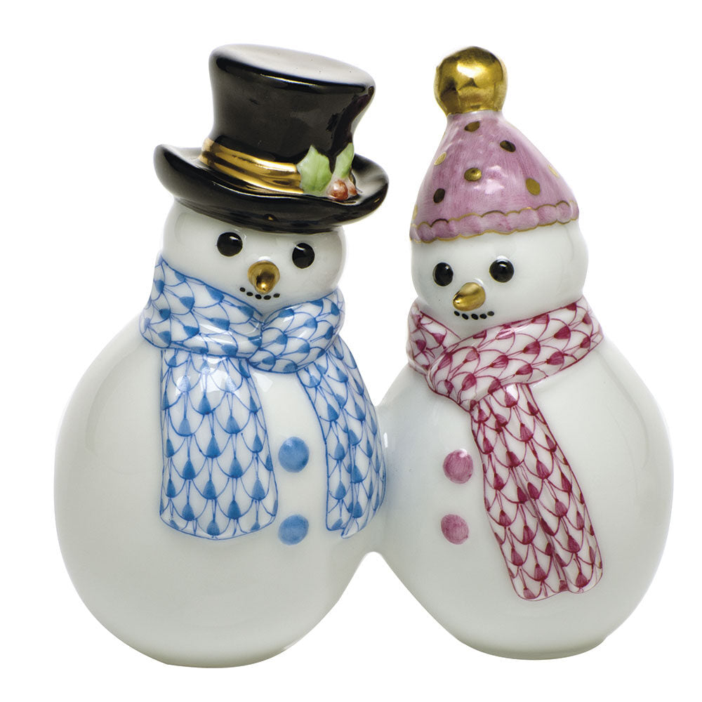 Blue-Raspberry fishnet Snowman Couple Figurine figurine, hand-painted Herend porcelain with 24k gold accents