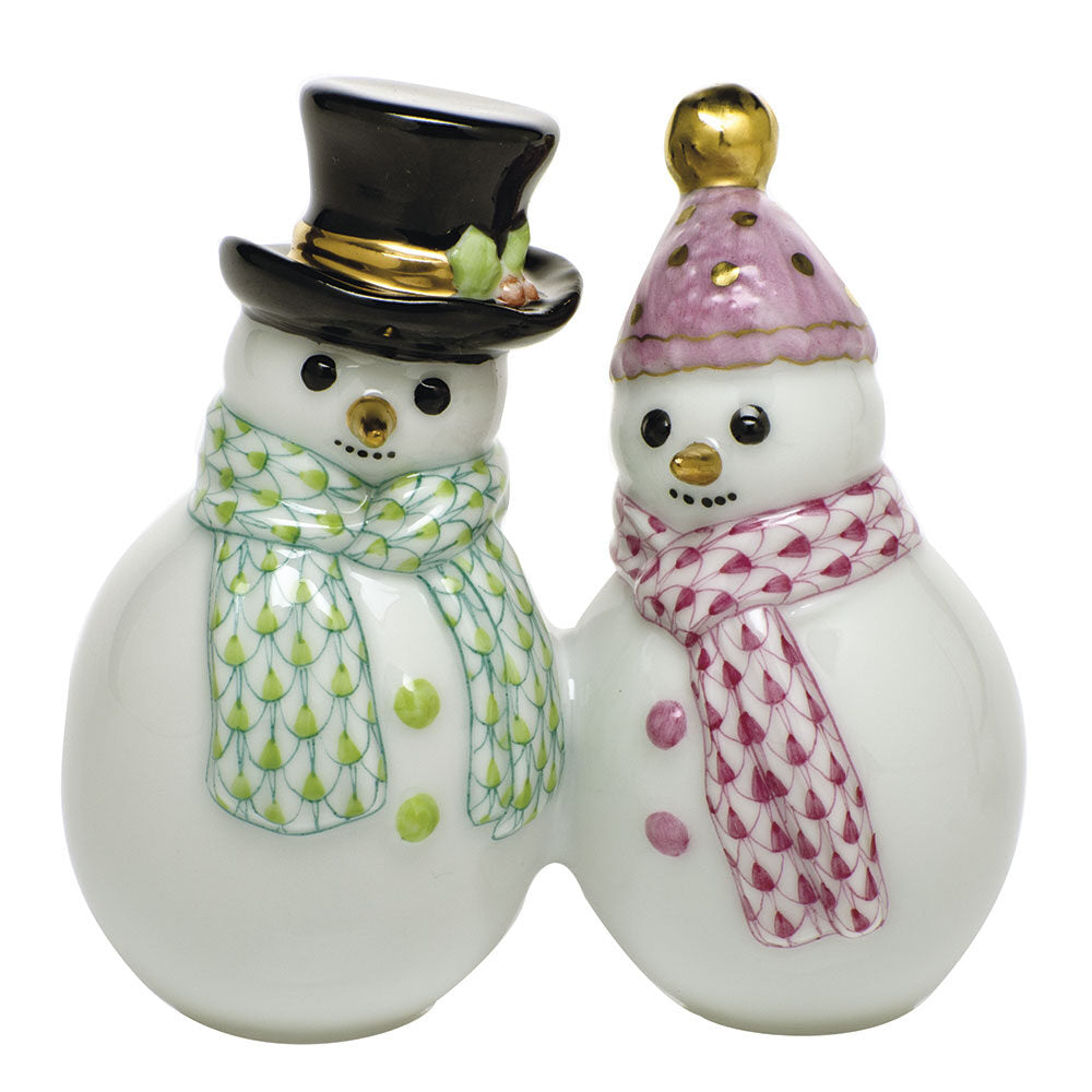 Hand-painted Herend Snowman Couple Figurine in Key Lime-Raspberry fishnet porcelain on a white background