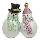 Hand-painted Herend Snowman Couple Figurine in Key Lime-Raspberry fishnet porcelain on a white background