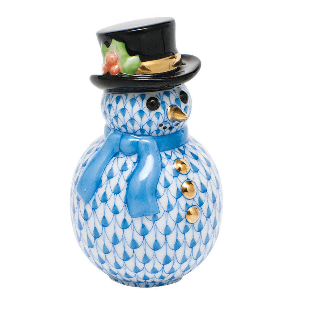 Blue fishnet Snowman with Scarf Figurine figurine, hand-painted Herend porcelain with 24k gold accents