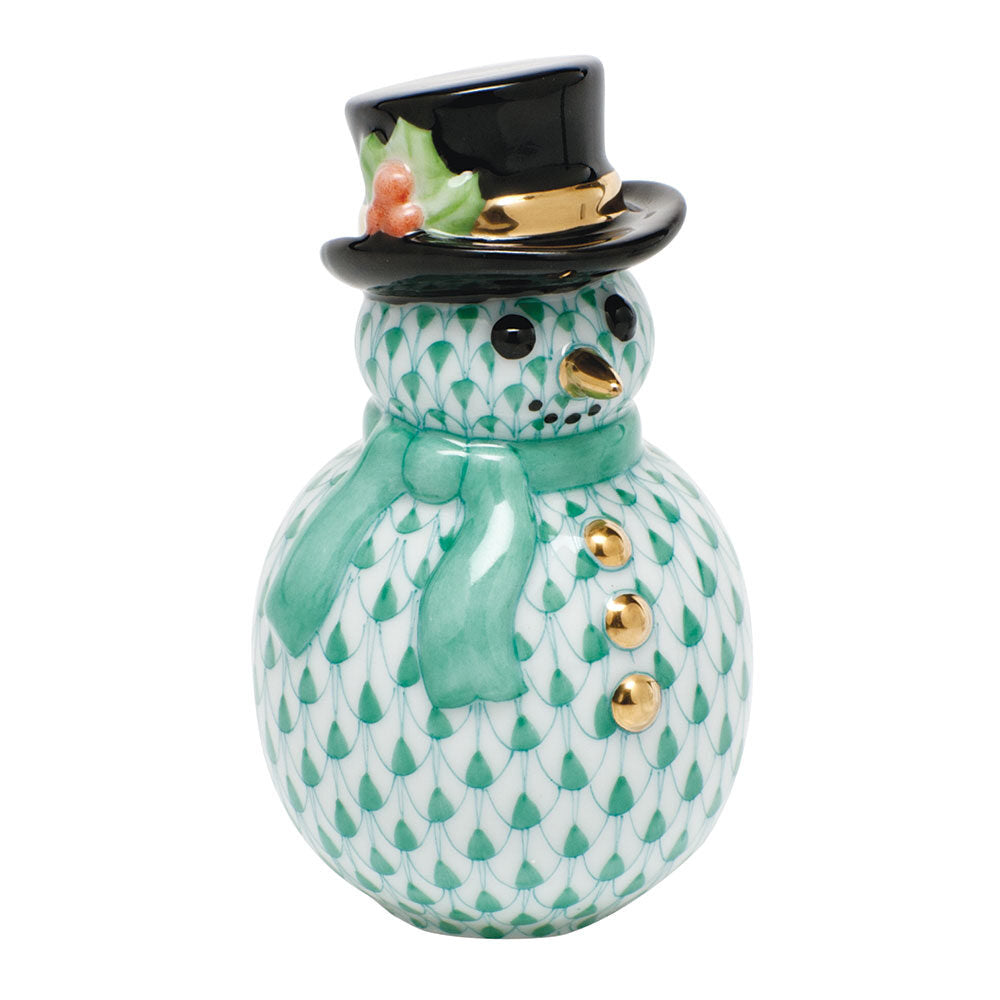 Green fishnet Snowman with Scarf Figurine figurine, hand-painted Herend porcelain with 24k gold accents