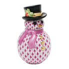 Hand-painted Herend Snowman with Scarf Figurine in Raspberry fishnet porcelain on a white background