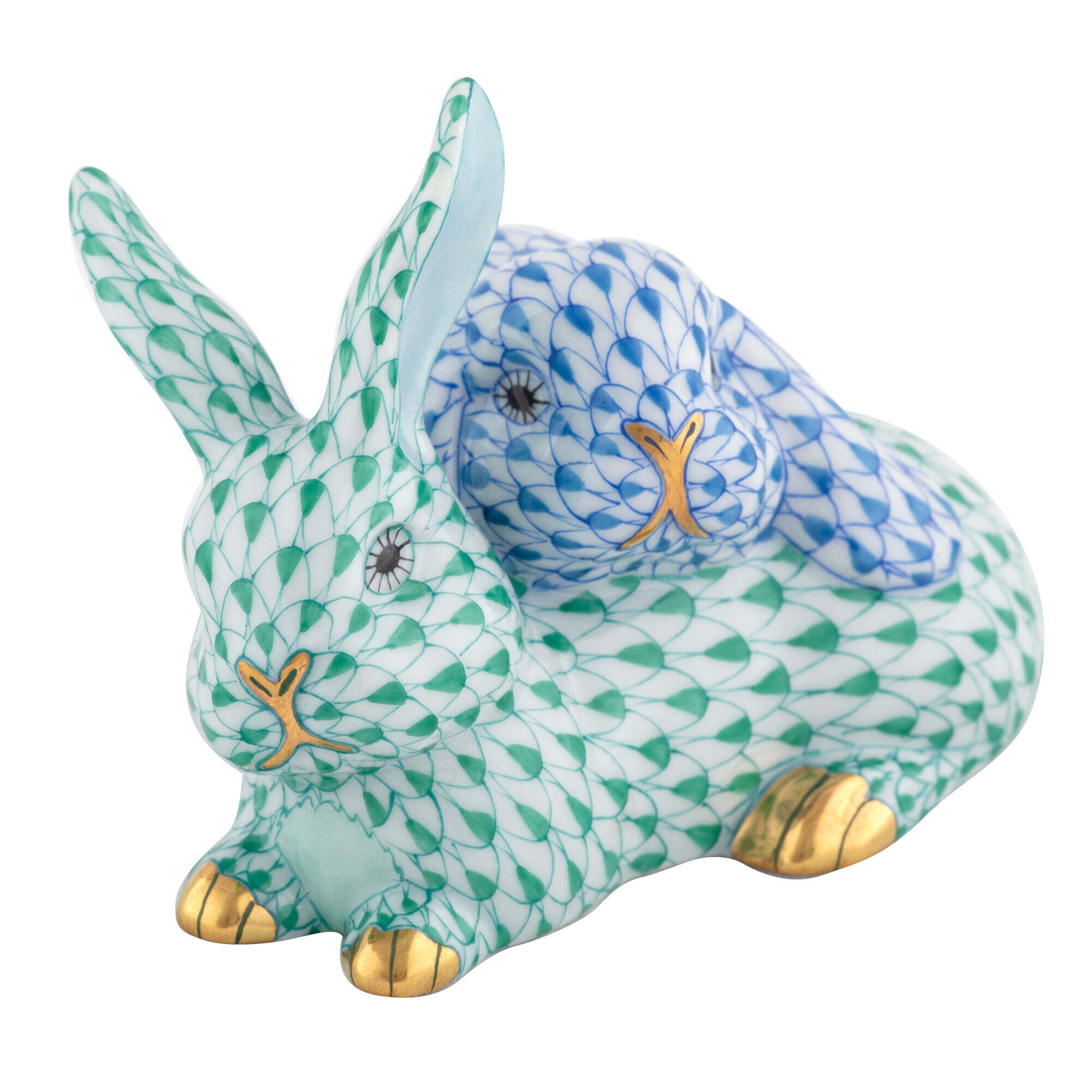 Snuggle Bunnies Figurine in hand-painted Green-Blue porcelain by Herend of Hungary