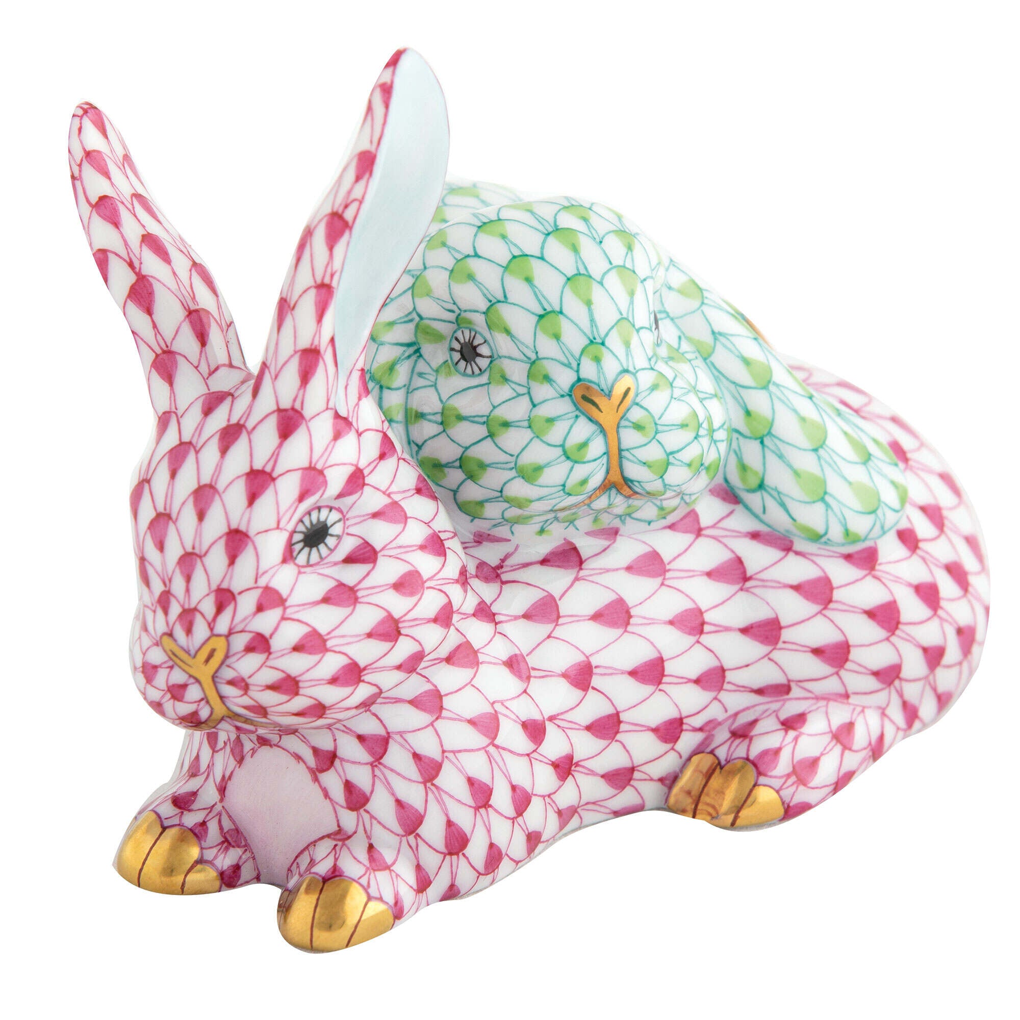 Hand-painted Herend Snuggle Bunnies Figurine in Raspberry-Key Lime fishnet porcelain on a white background