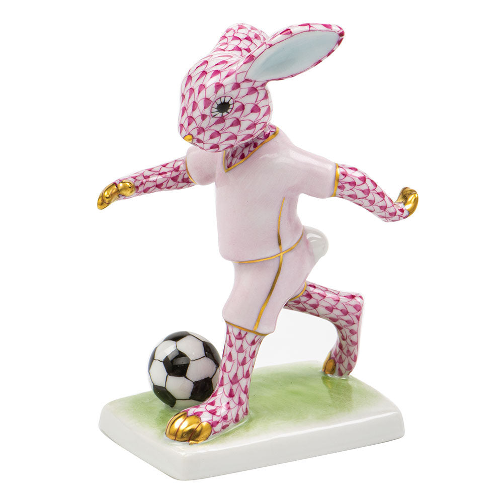 Raspberry fishnet Soccer Bunny Figurine figurine, hand-painted Herend porcelain with 24k gold accents