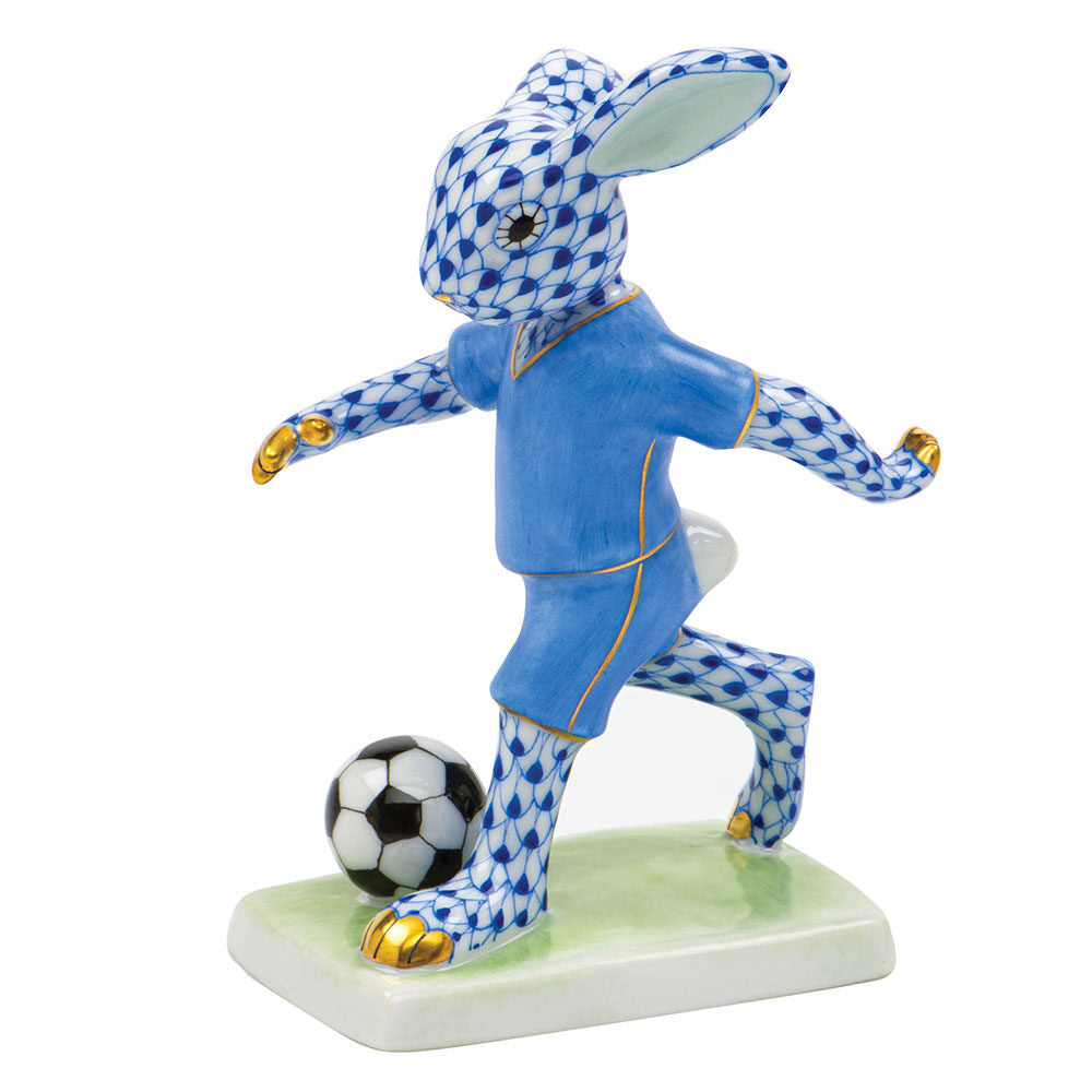 Soccer Bunny Figurine in hand-painted Sapphire porcelain by Herend of Hungary