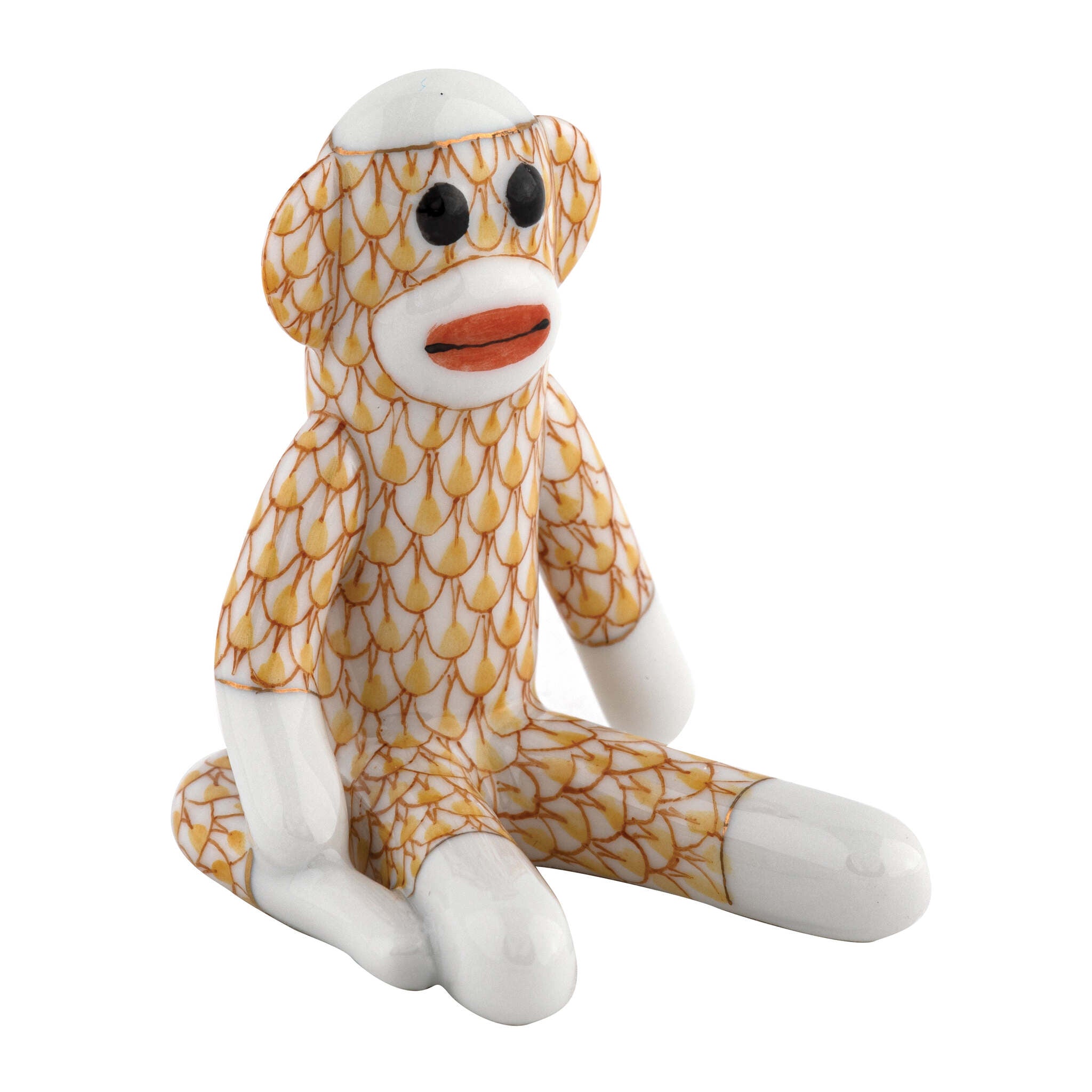 Butterscotch fishnet Sock Monkey Figurine figurine, hand-painted Herend porcelain with 24k gold accents