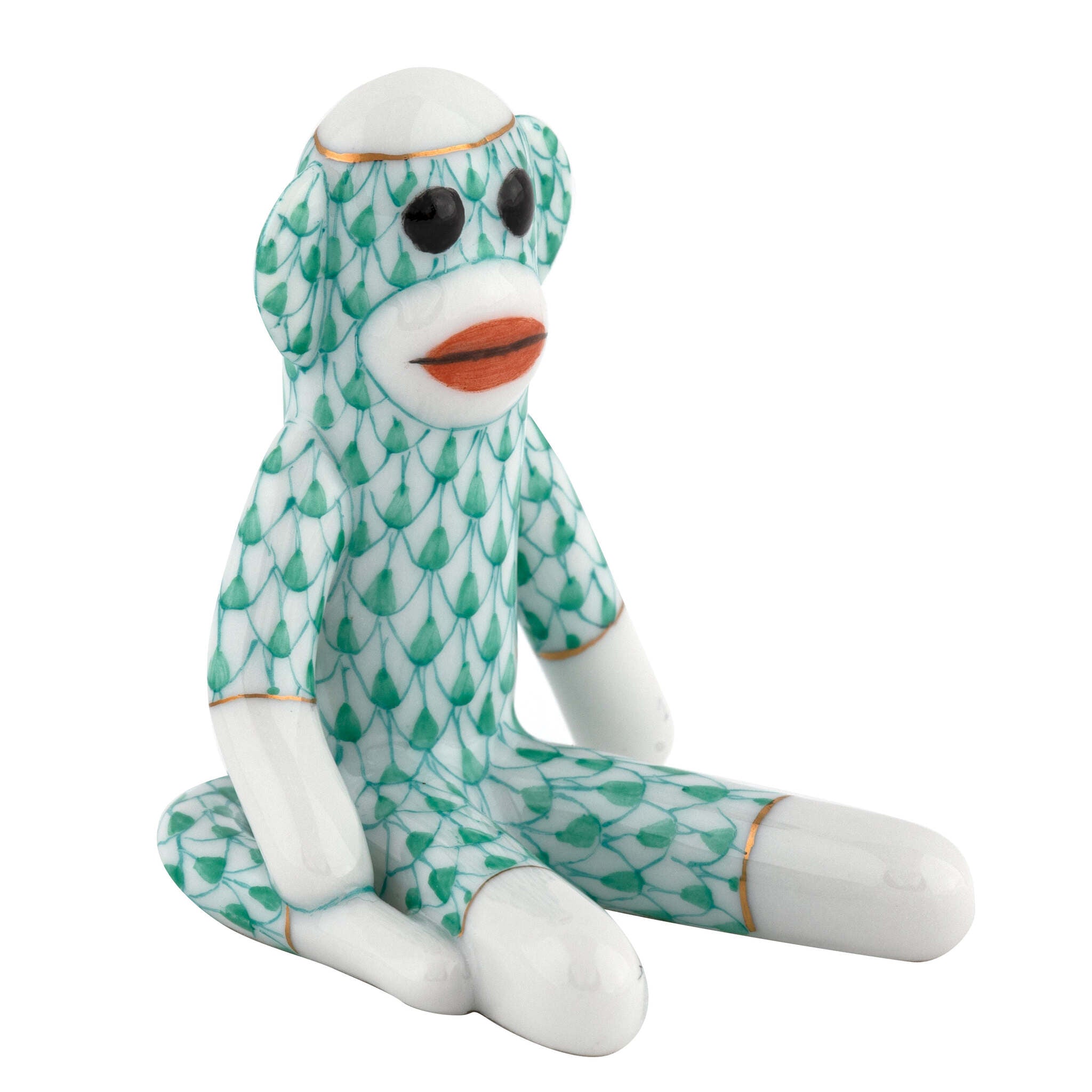 Herend Sock Monkey Figurine porcelain figurine painted in the Green fishnet pattern