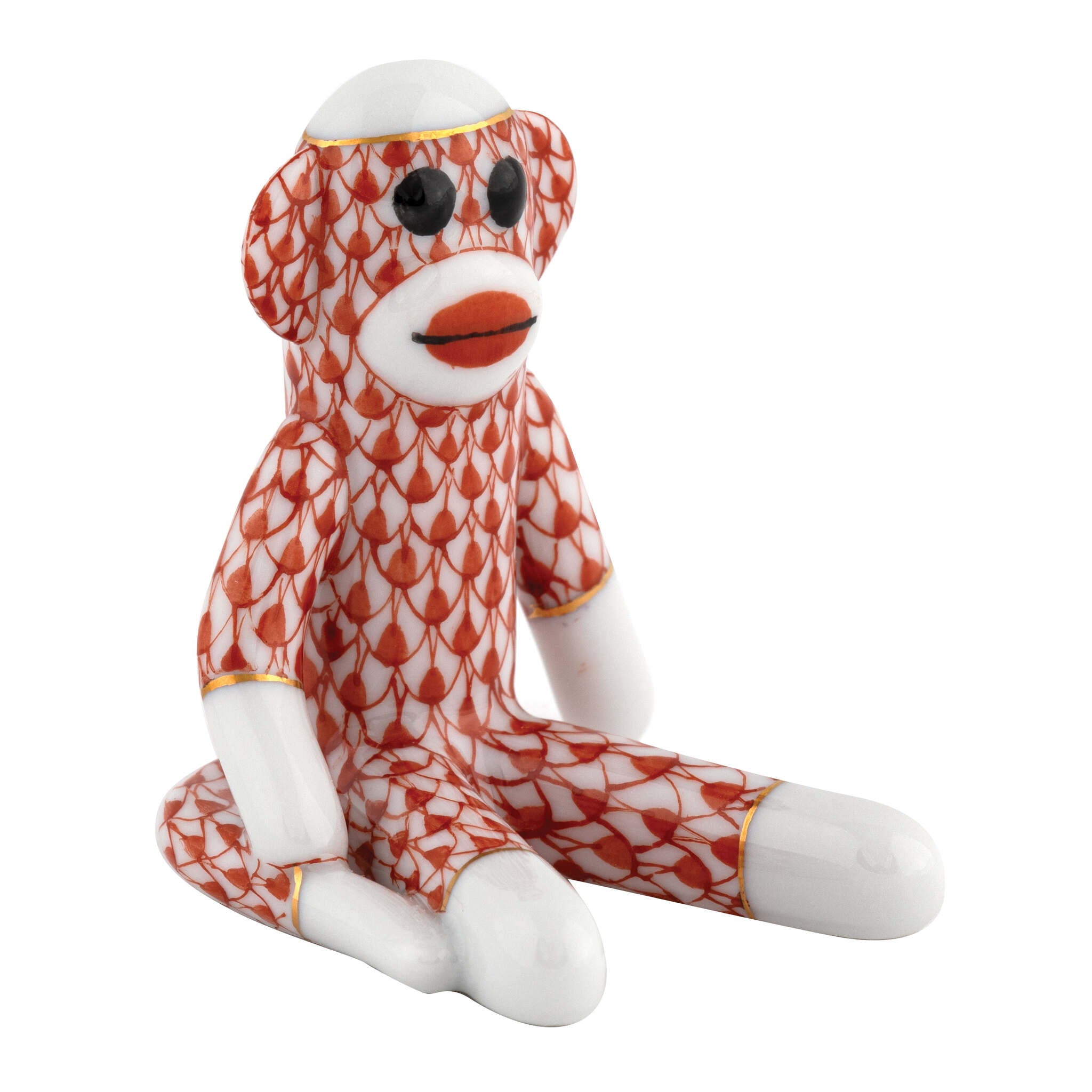 Hand-painted Herend Sock Monkey Figurine in Rust fishnet porcelain on a white background