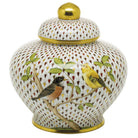 Hand-painted Herend Songbird Ginger Jar in fine porcelain, 8.5in H X 9in D, on a white background