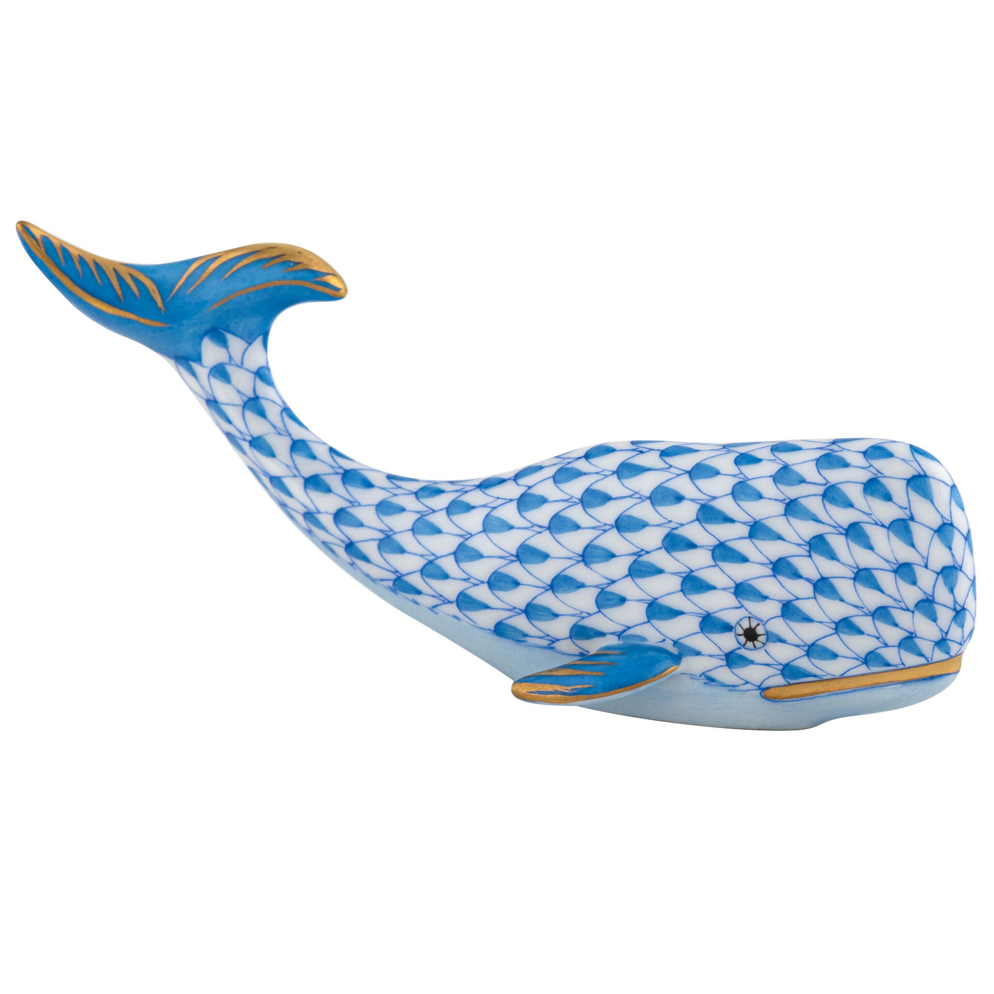 Herend Sperm Whale Figurine porcelain figurine painted in the Blue fishnet pattern