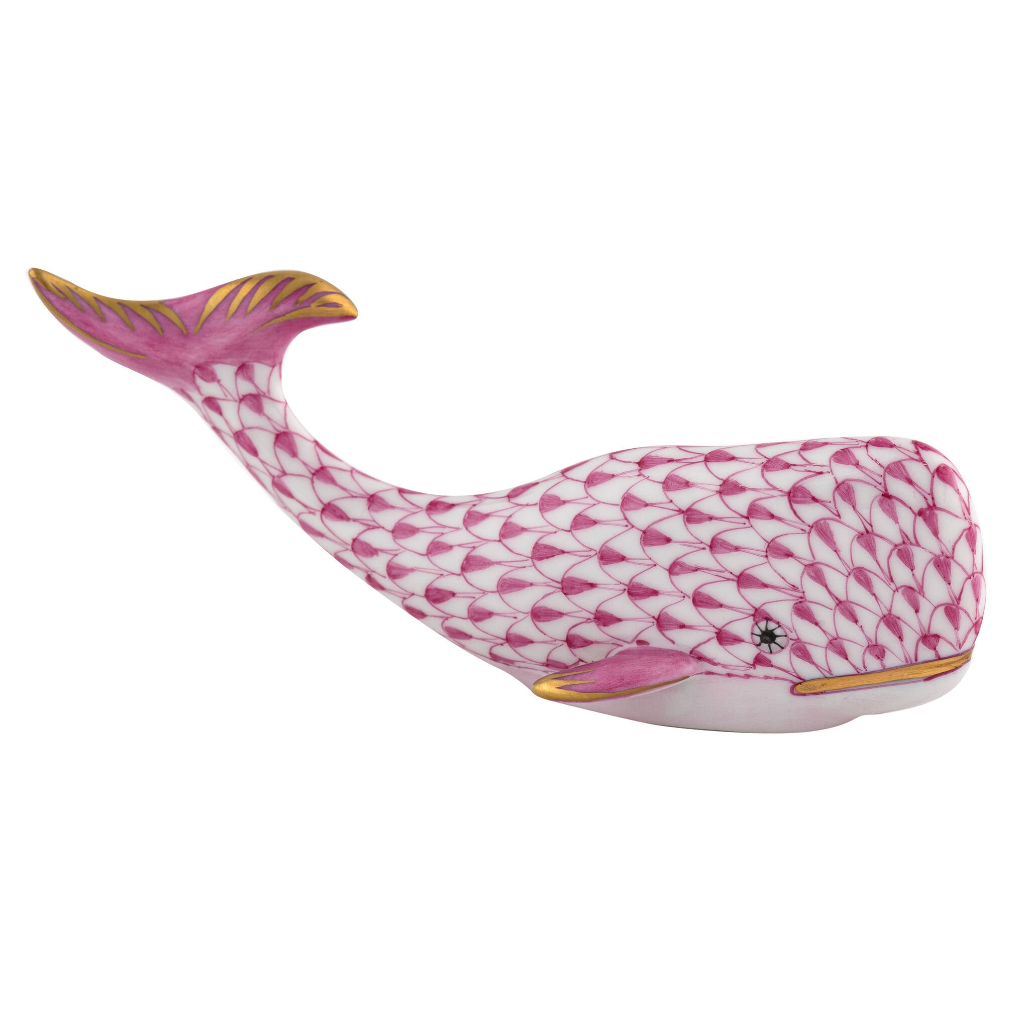 Raspberry fishnet Sperm Whale Figurine figurine, hand-painted Herend porcelain with 24k gold accents