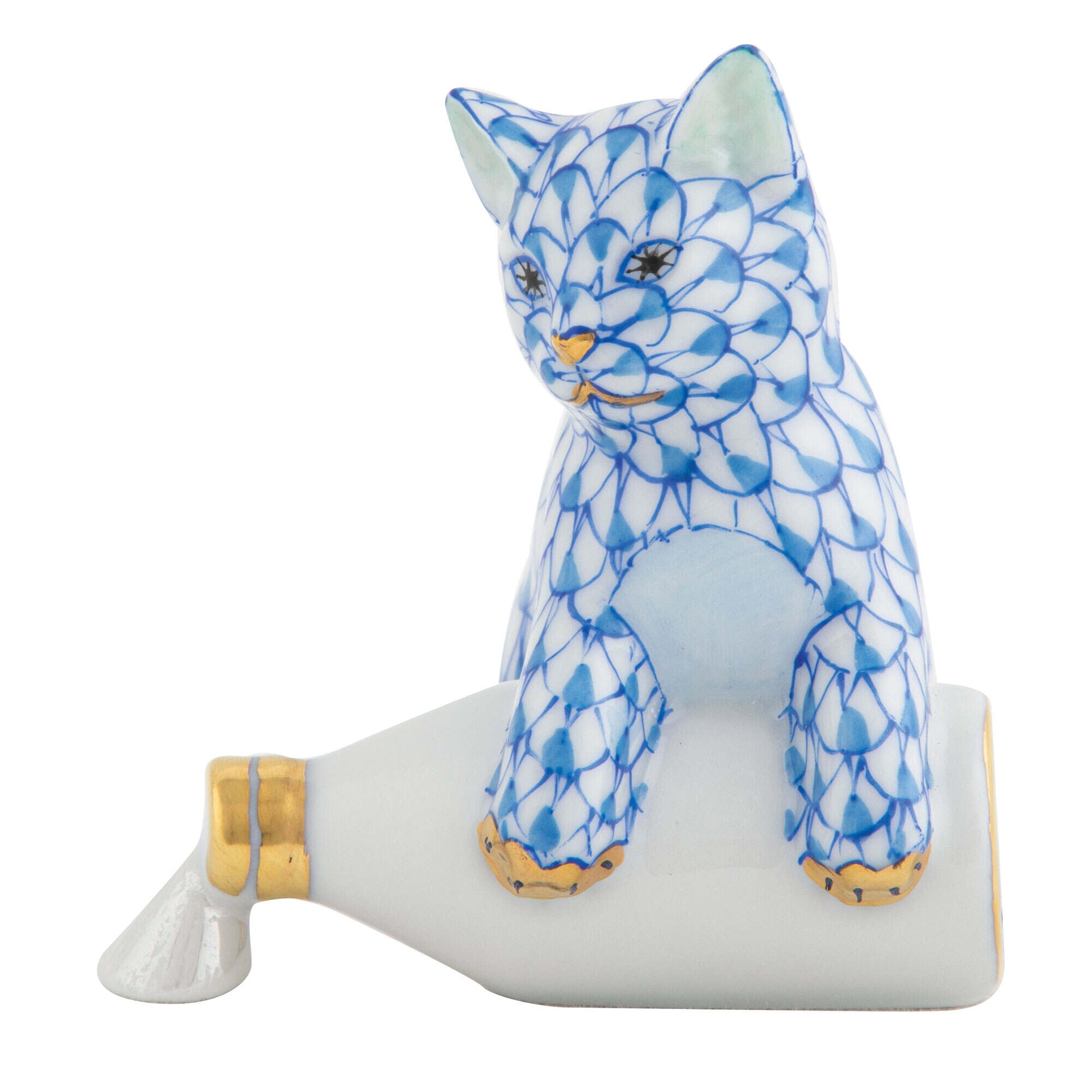 Blue fishnet Spilled Milk Figurine figurine, hand-painted Herend porcelain with 24k gold accents