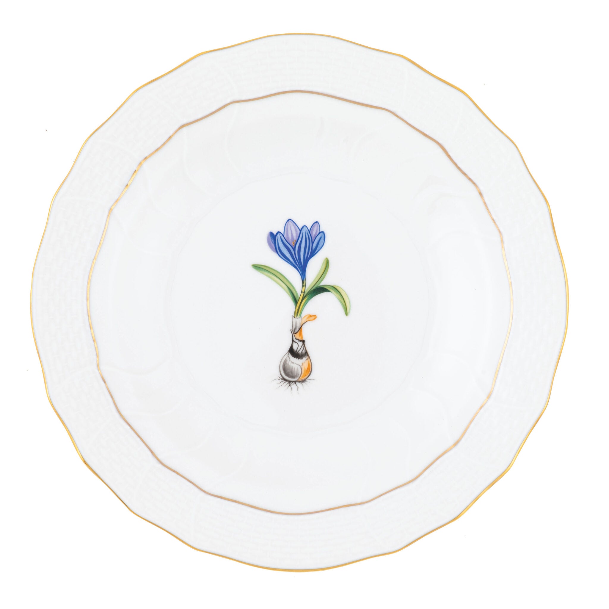 Hand-painted Herend Spring Bulbs Spring Dessert -Crocus Dessert Plate in fine porcelain, 8.25in D, on a white background
