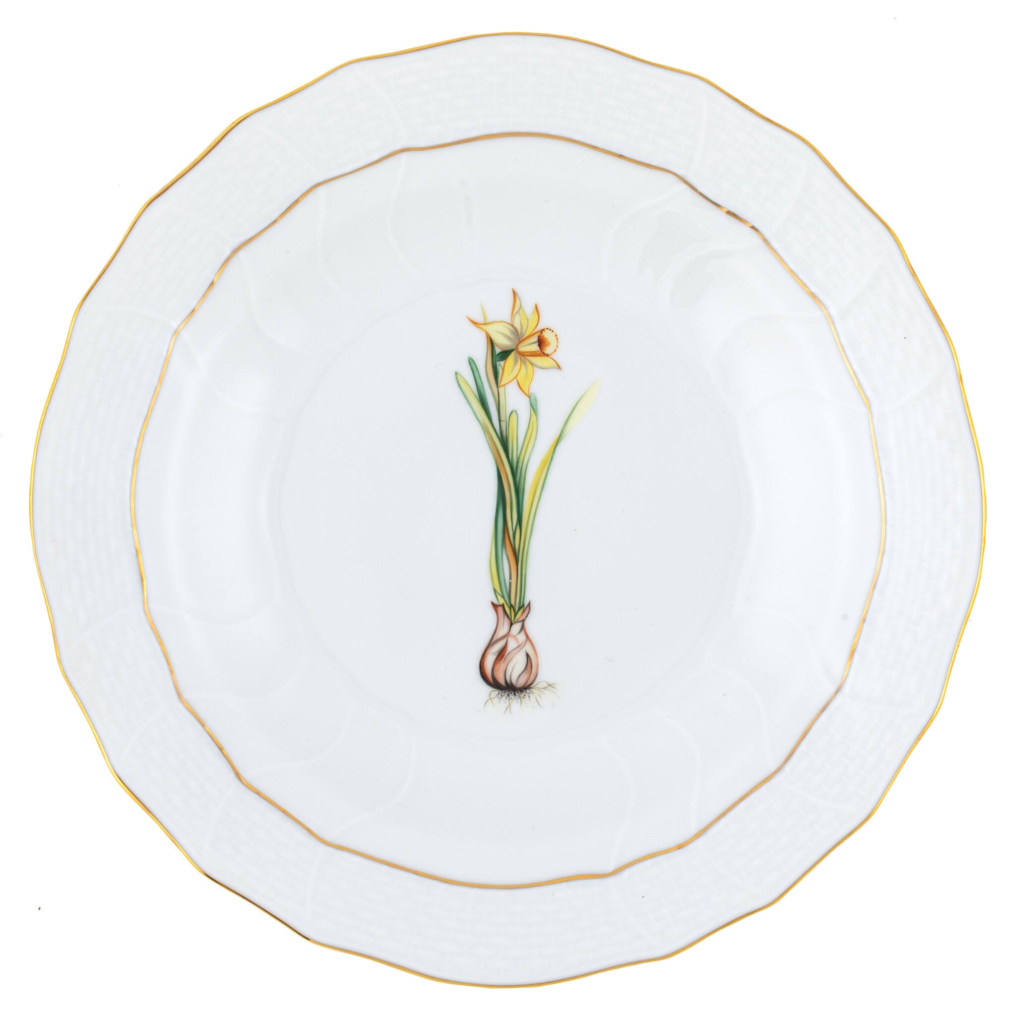 Hand-painted Herend Spring Bulbs Spring Dessert -Daffodil Dessert Plate in fine porcelain, 8.25in D, on a white background