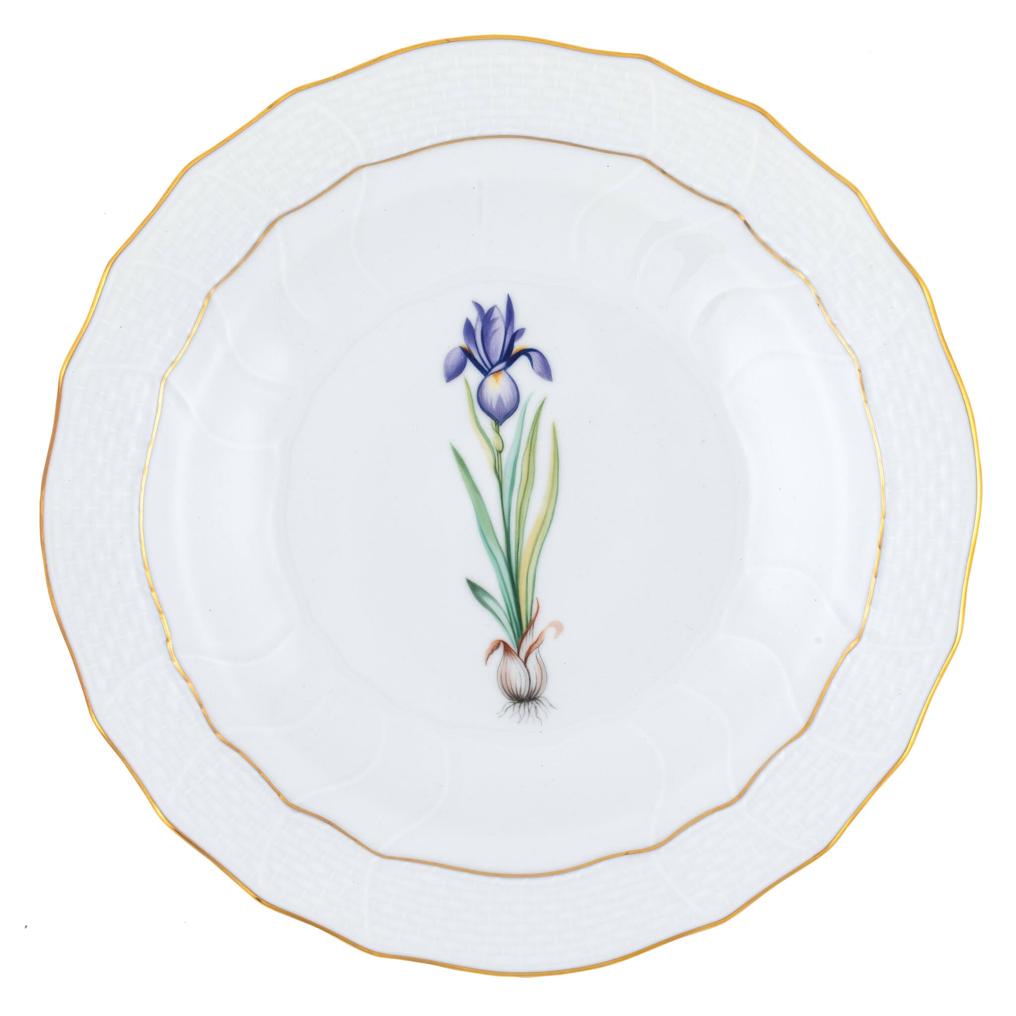 Hand-painted Herend Spring Bulbs Spring Dessert -Iris Dessert Plate in fine porcelain, 8.25in D, on a white background