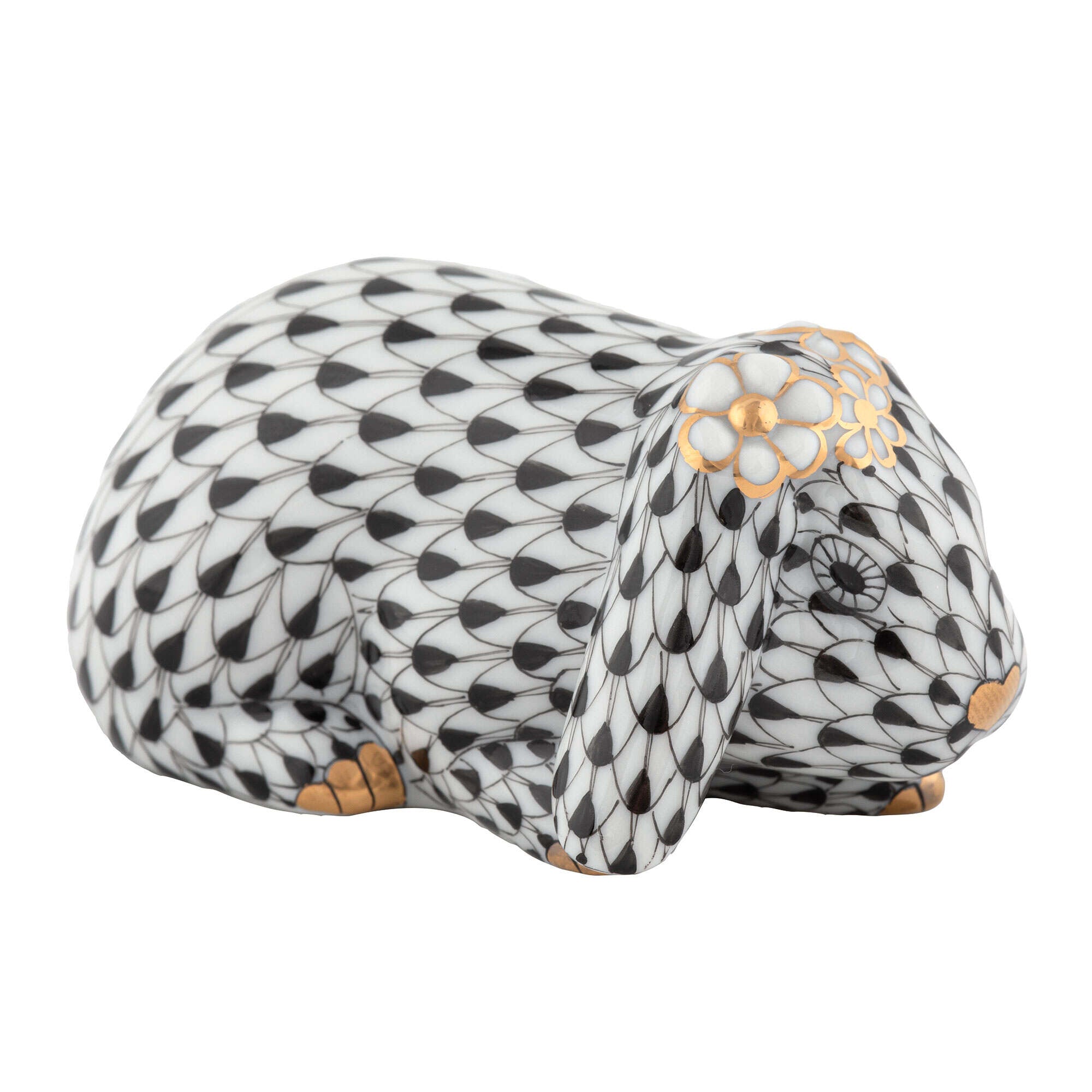Hand-painted Herend Spring Bunny Figurine in Black fishnet porcelain on a white background