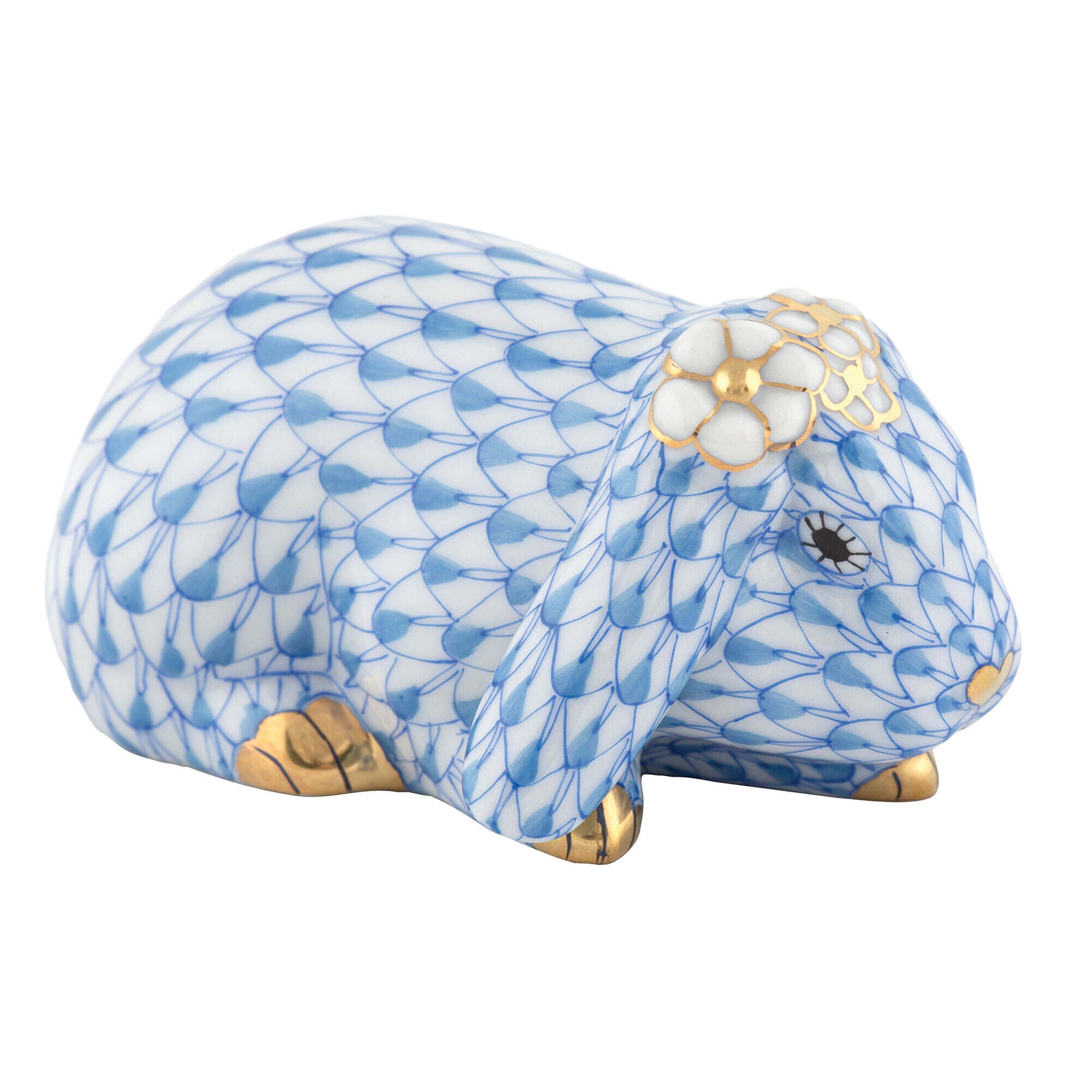 Herend Spring Bunny Figurine porcelain figurine painted in the Blue fishnet pattern