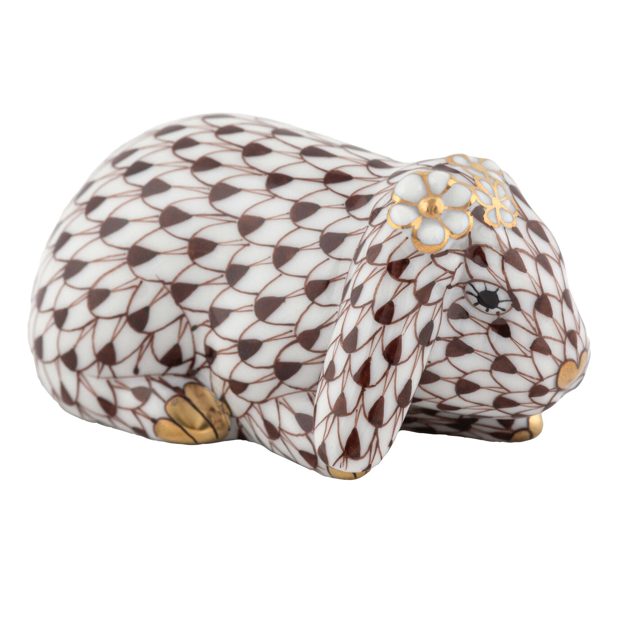Herend Spring Bunny Figurine porcelain figurine painted in the Chocolate fishnet pattern