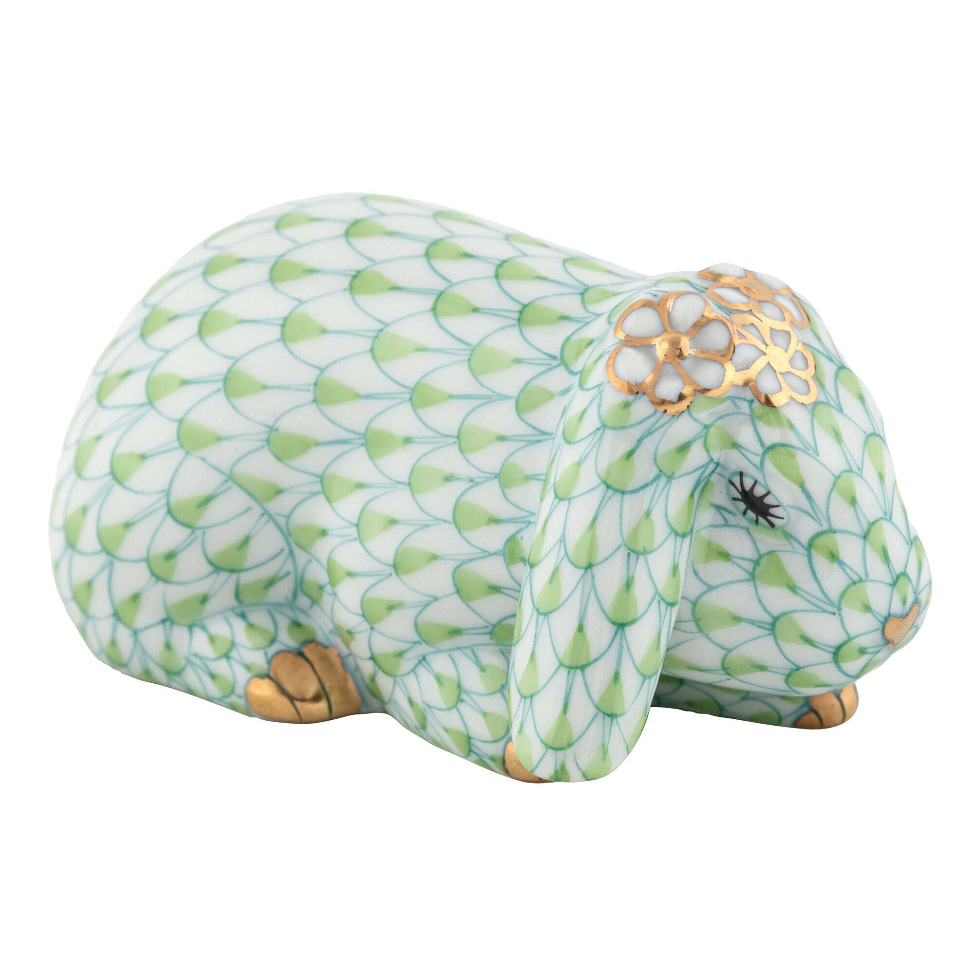 Hand-painted Herend Spring Bunny Figurine in Key Lime fishnet porcelain on a white background