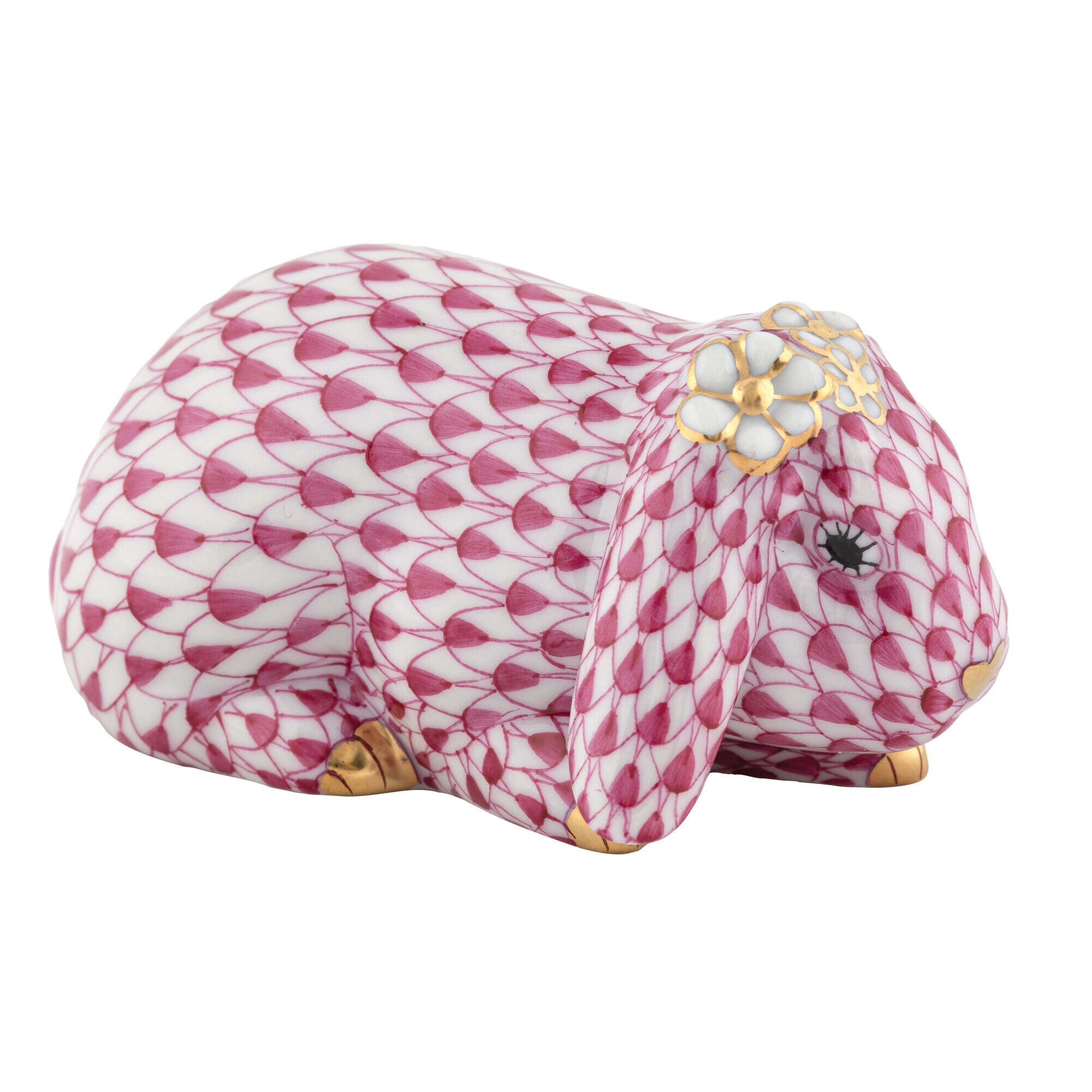 Hand-painted Herend Spring Bunny Figurine in Raspberry fishnet porcelain on a white background