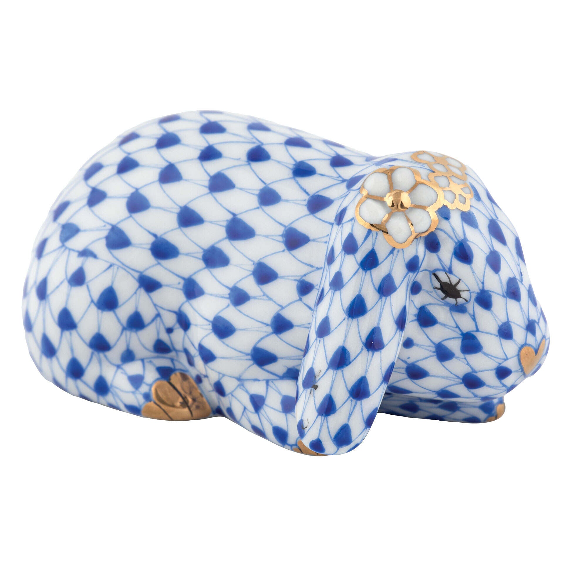 Hand-painted Herend Spring Bunny Figurine in Sapphire fishnet porcelain on a white background
