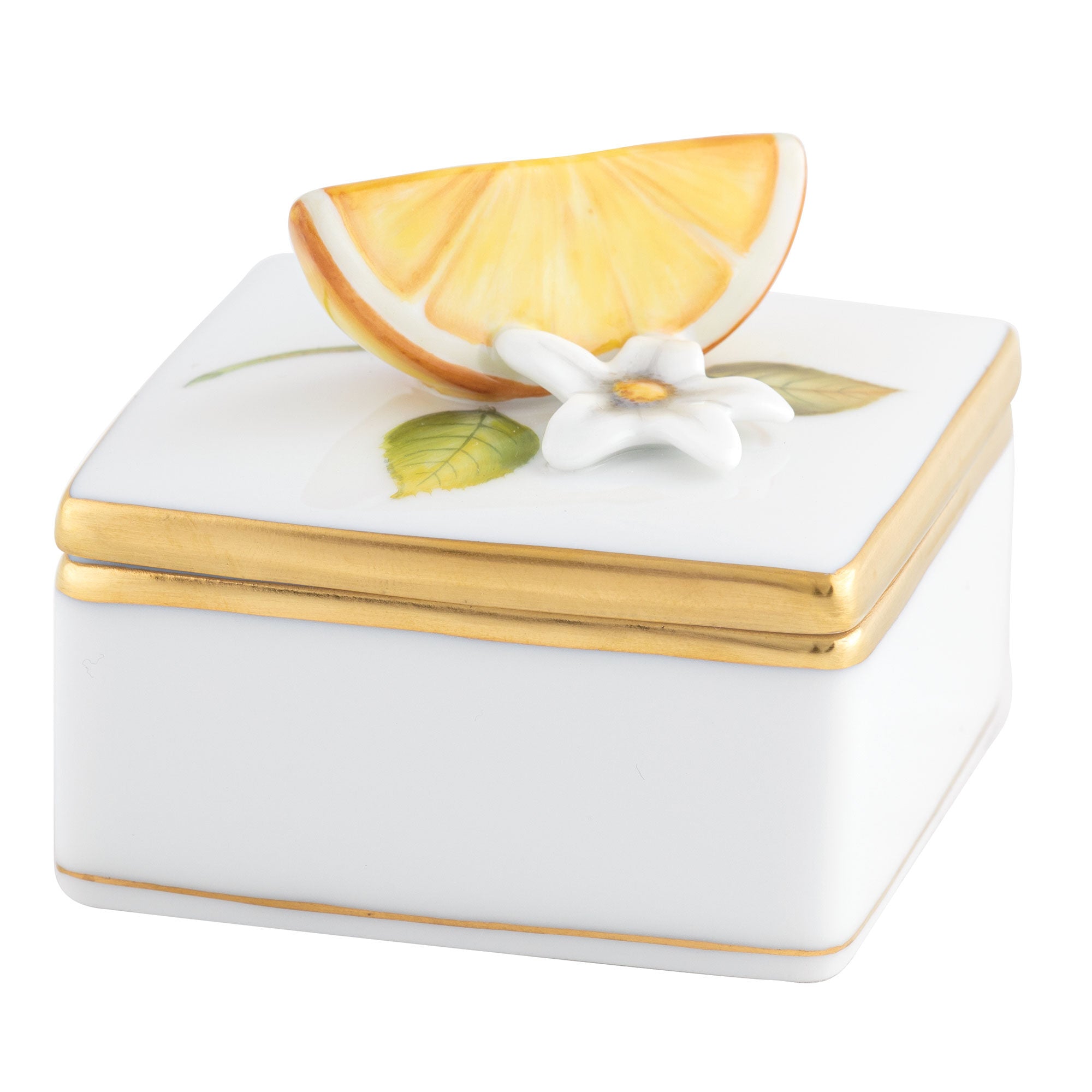 Hand-painted Herend Square Box with Orange in fine porcelain, 2.5in L X 2.5in W X 2.25in H, on a white background