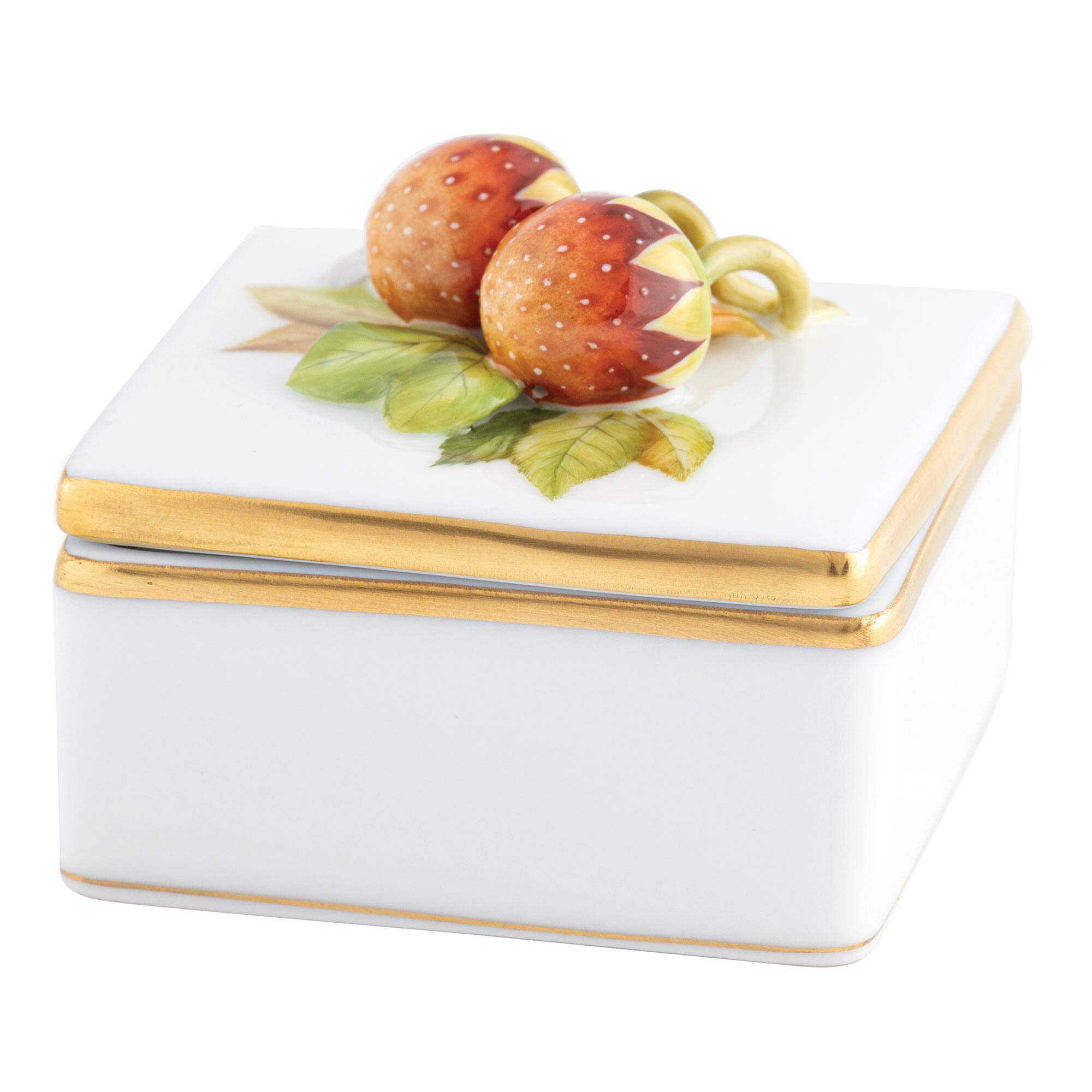 Hand-painted Herend Square Box with Strawberries in fine porcelain, 2.5in L X 2.5in W X 2.25in H, on a white background