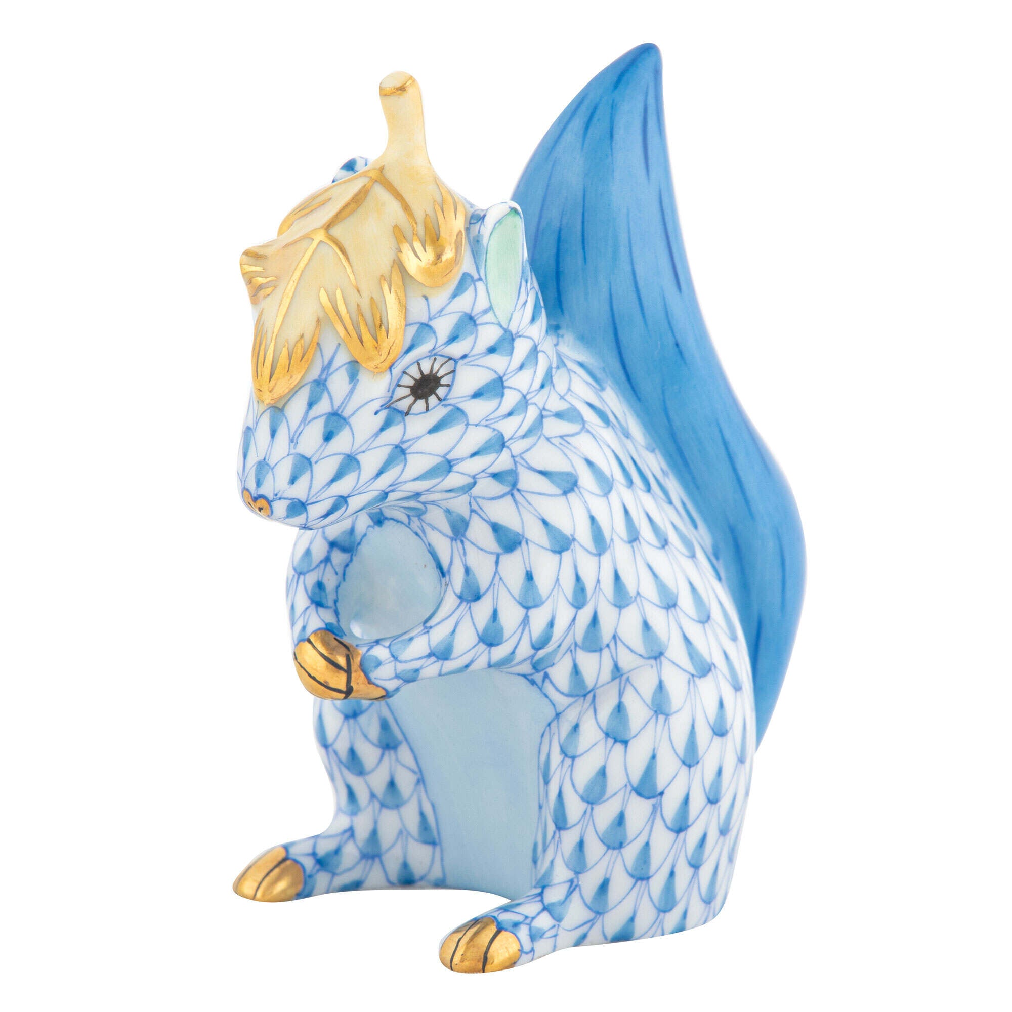 Blue fishnet Squirrel with Leaf Figurine figurine, hand-painted Herend porcelain with 24k gold accents