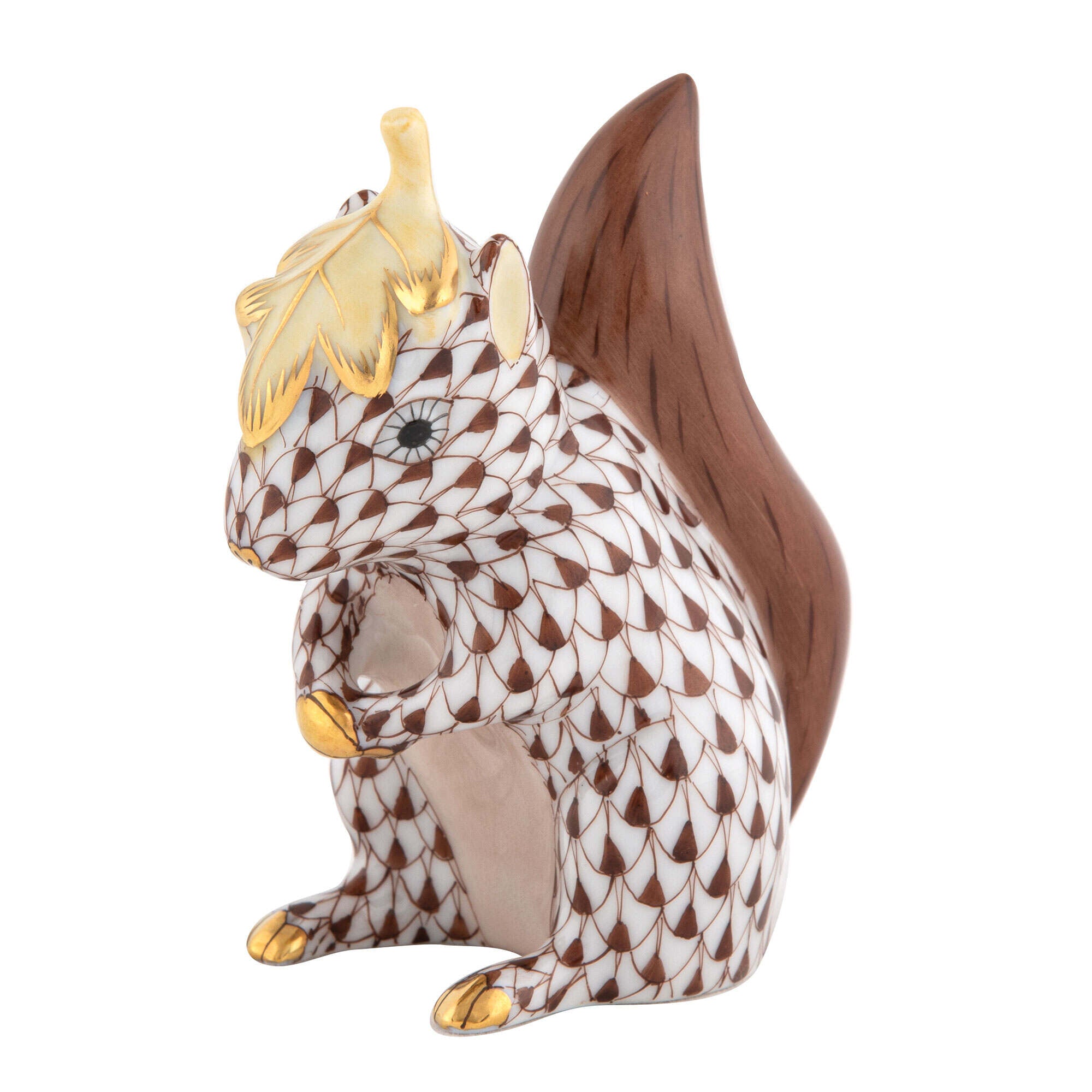 Herend Squirrel with Leaf Figurine porcelain figurine painted in the Chocolate fishnet pattern
