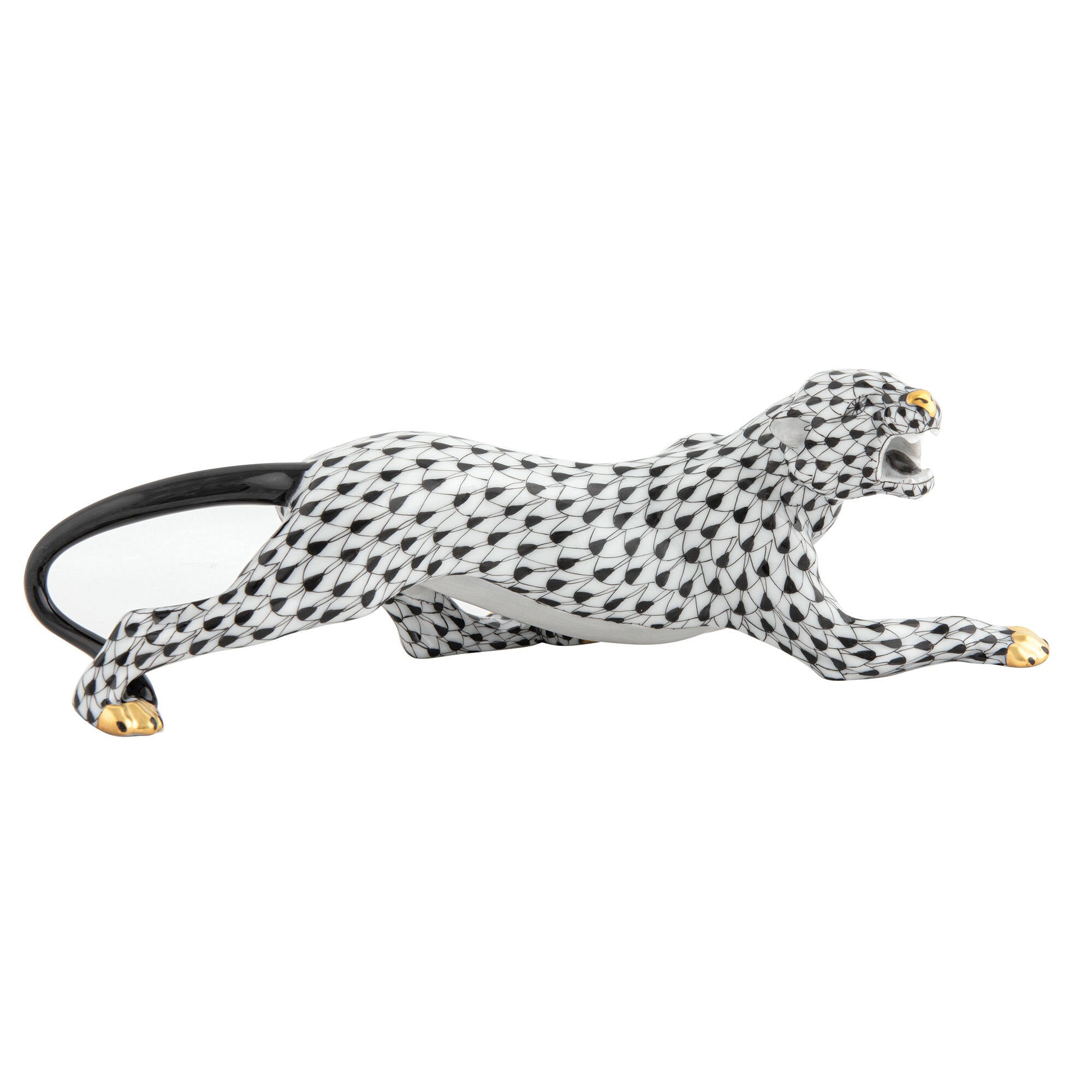 Stalking Tiger Figurine in hand-painted Black porcelain by Herend of Hungary