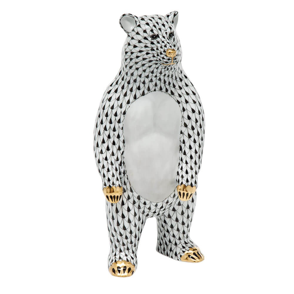 Hand-painted Herend Standing Bear Figurine in fine porcelain, 3.5in L X 8.75in H, on a white background