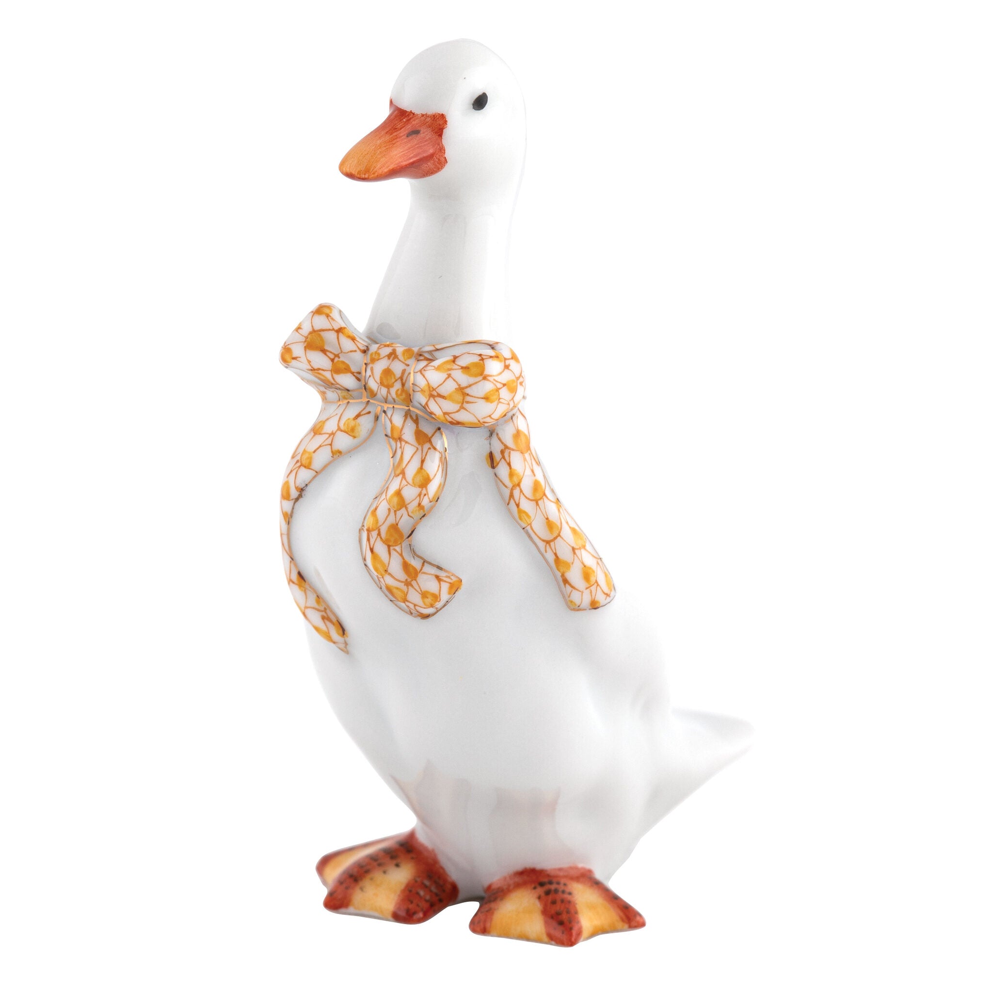 Herend Standing Duck Figurine porcelain figurine painted in the Butterscotch fishnet pattern