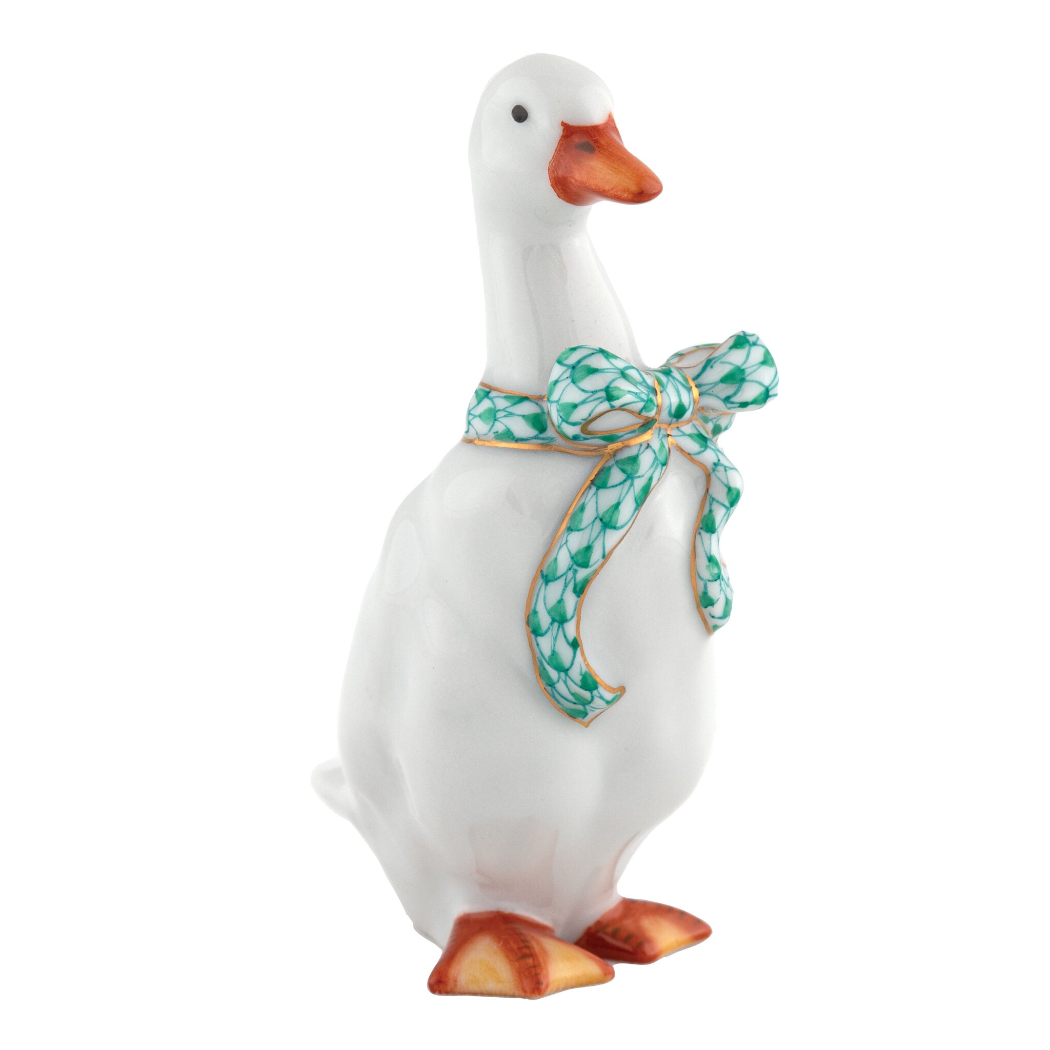 Green fishnet Standing Duck Figurine figurine, hand-painted Herend porcelain with 24k gold accents