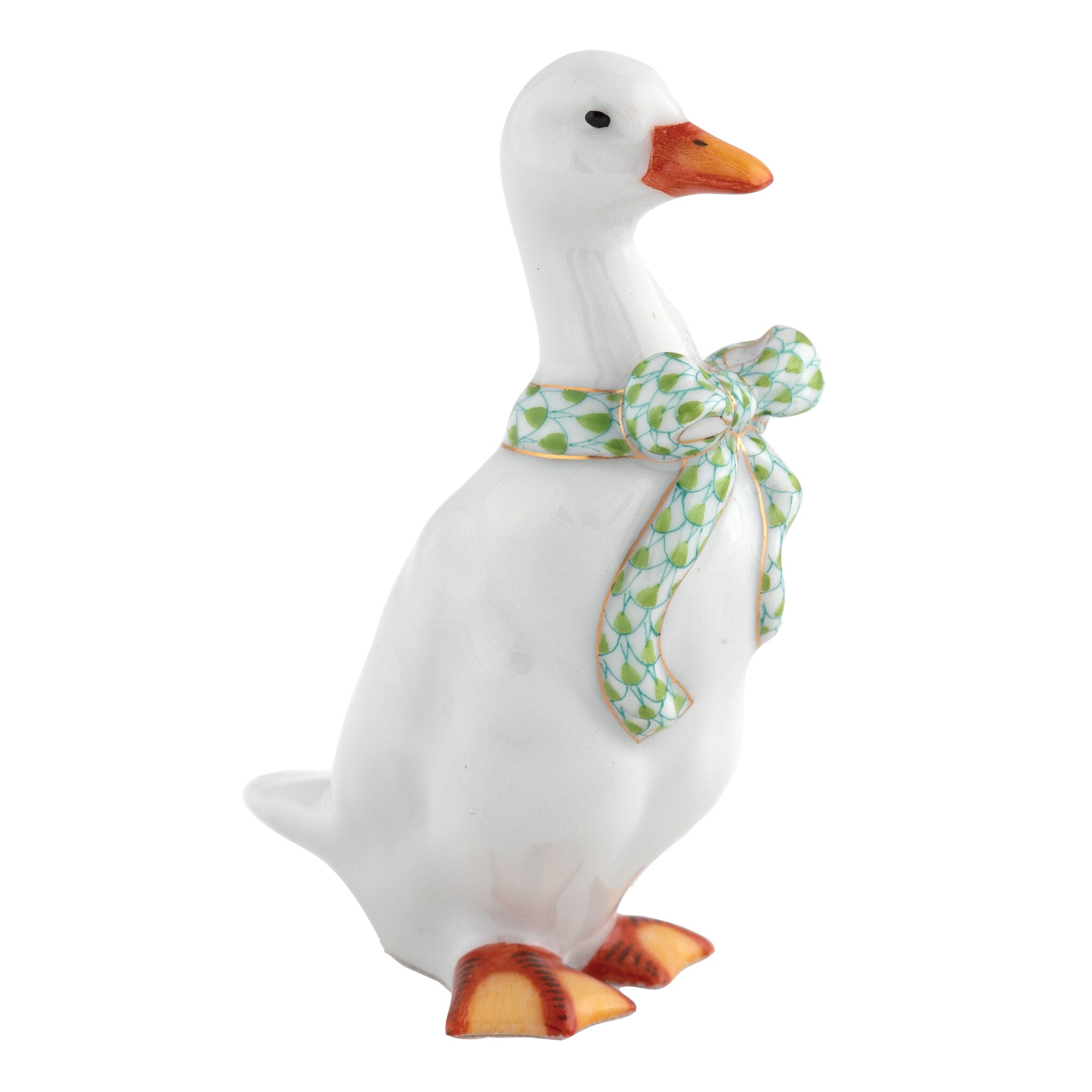 Herend Standing Duck Figurine porcelain figurine painted in the Key Lime fishnet pattern