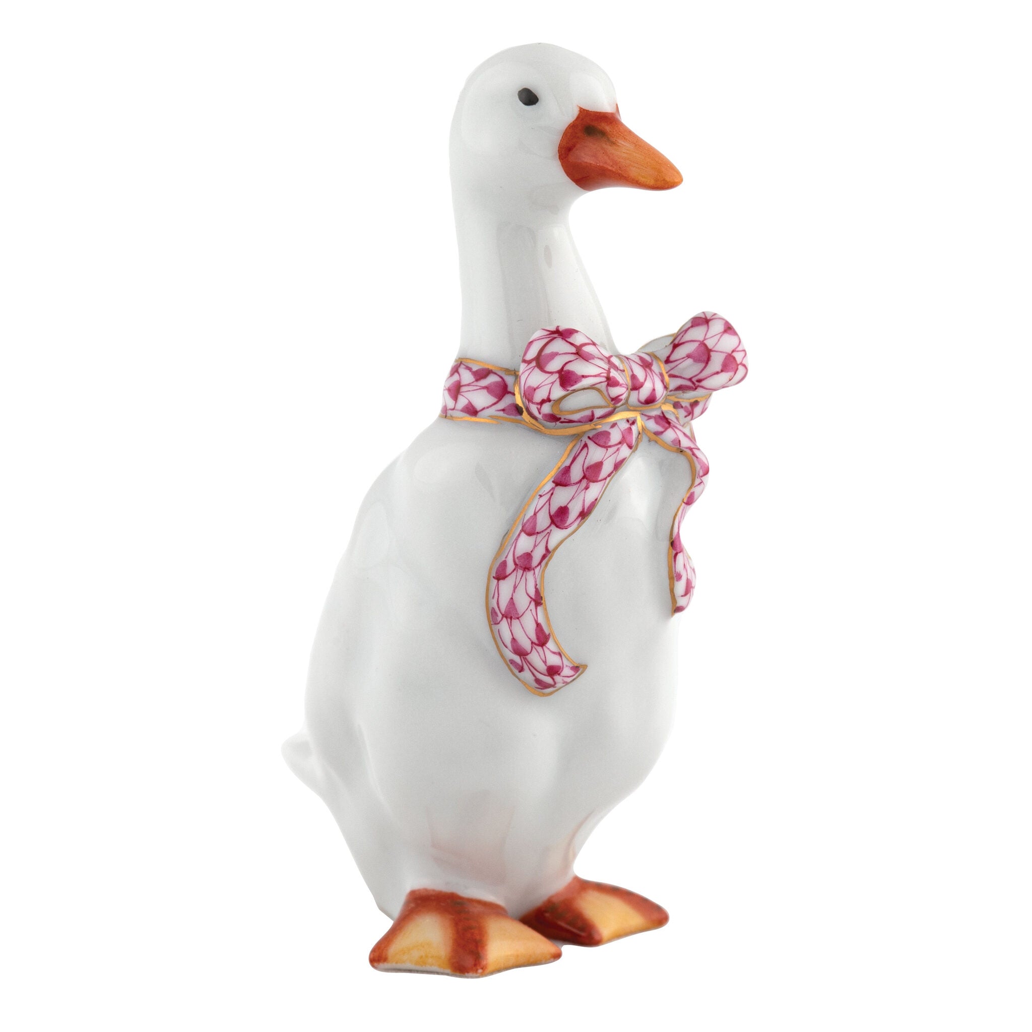 Raspberry fishnet Standing Duck Figurine figurine, hand-painted Herend porcelain with 24k gold accents