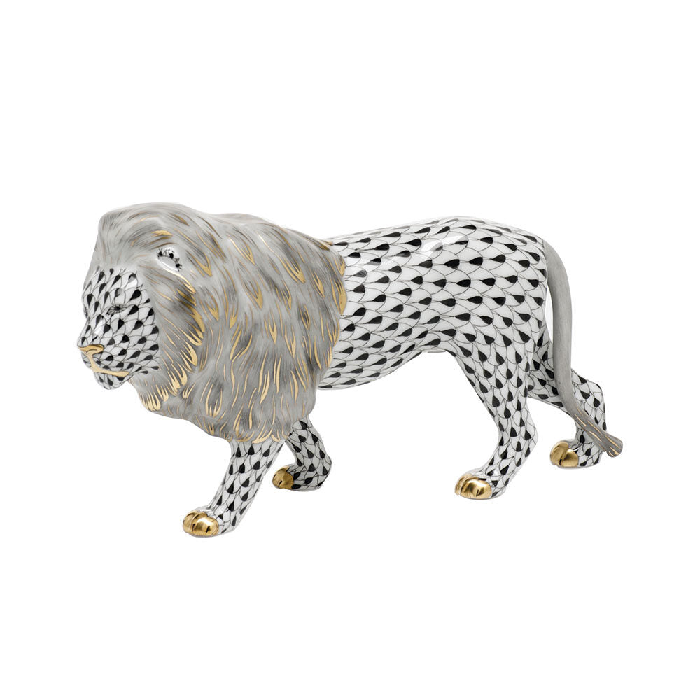 Black fishnet Standing Lion Figurine figurine, hand-painted Herend porcelain with 24k gold accents