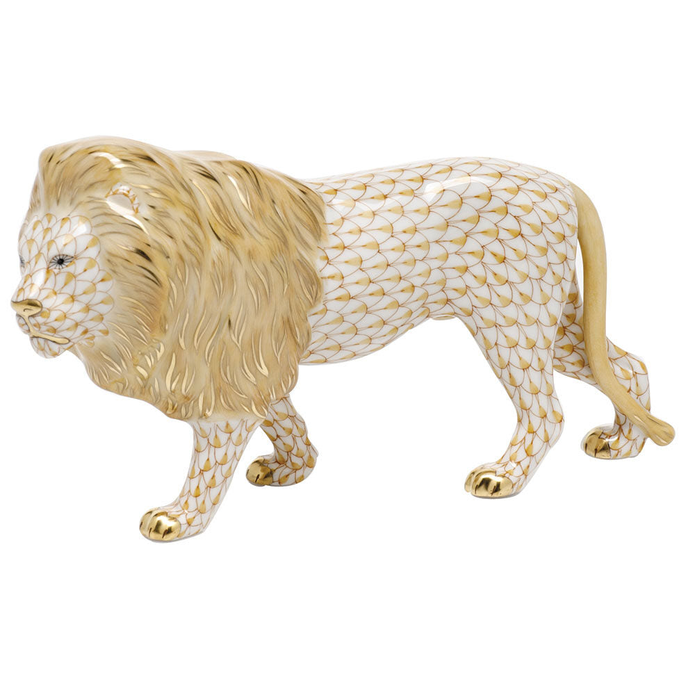 Herend Standing Lion Figurine porcelain figurine painted in the Butterscotch fishnet pattern