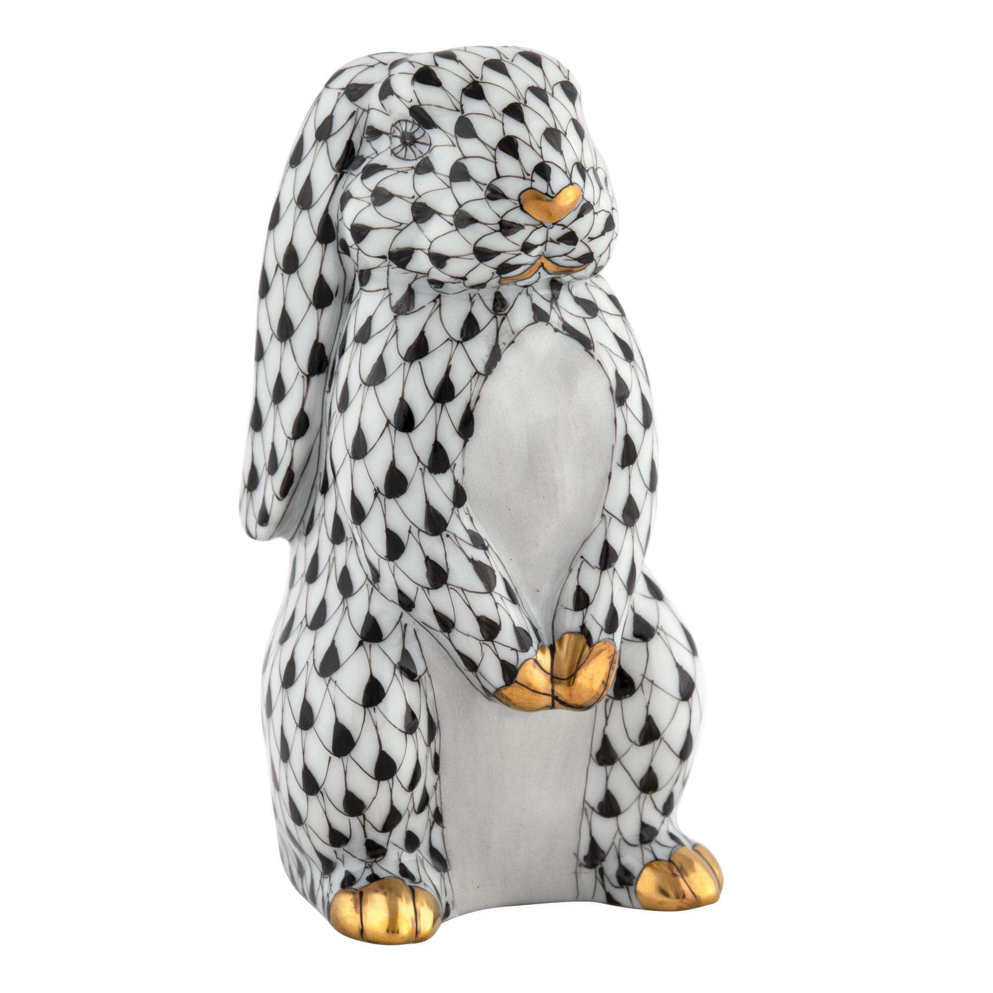 Herend Standing Lop Ear Bunny Figurine porcelain figurine painted in the Black fishnet pattern