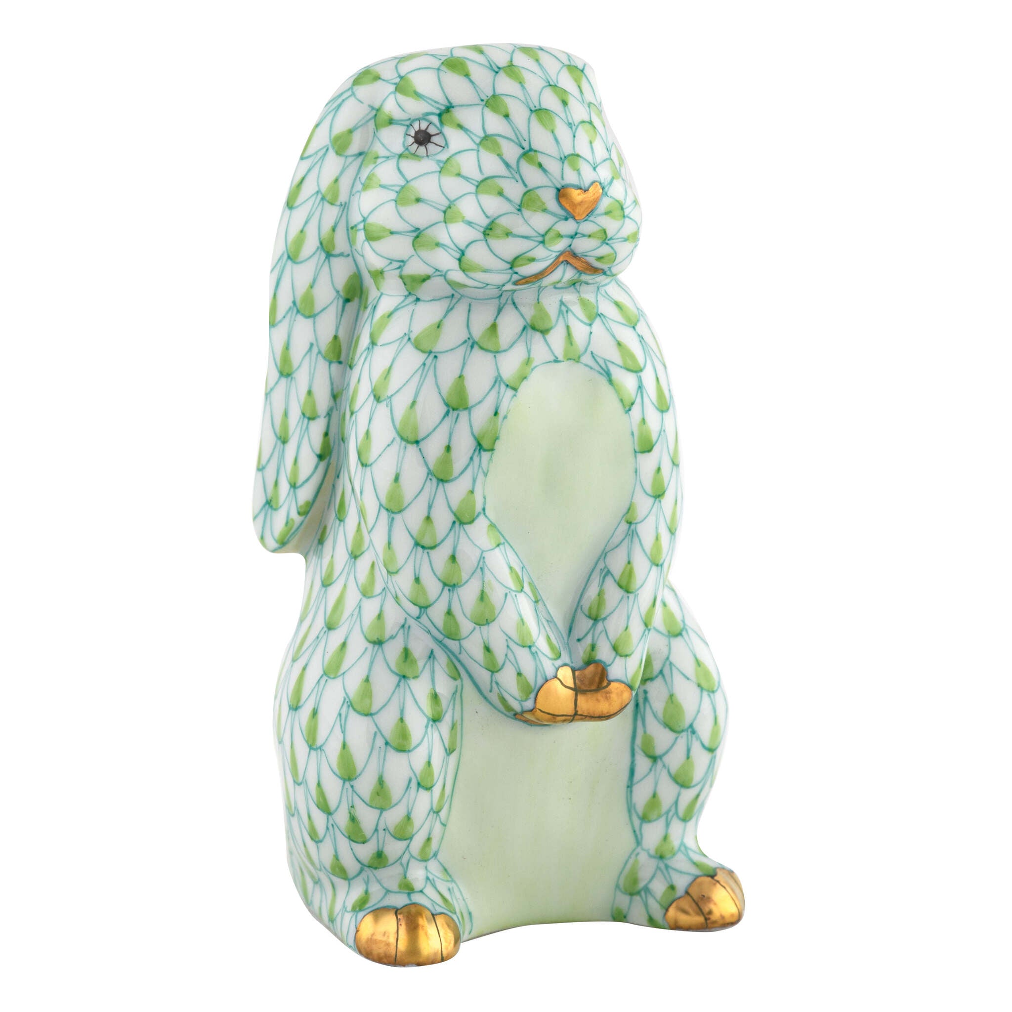 Hand-painted Herend Standing Lop Ear Bunny Figurine in Key Lime fishnet porcelain on a white background