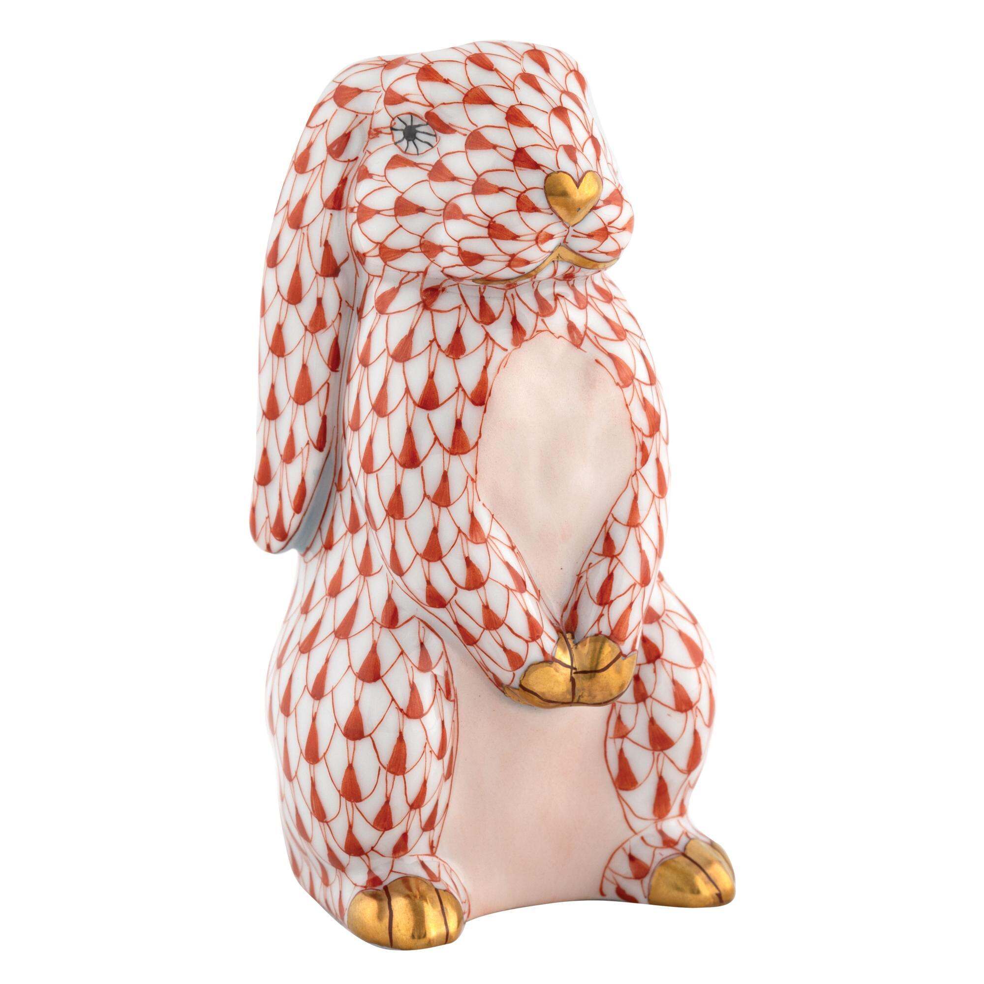 Hand-painted Herend Standing Lop Ear Bunny Figurine in Rust fishnet porcelain on a white background