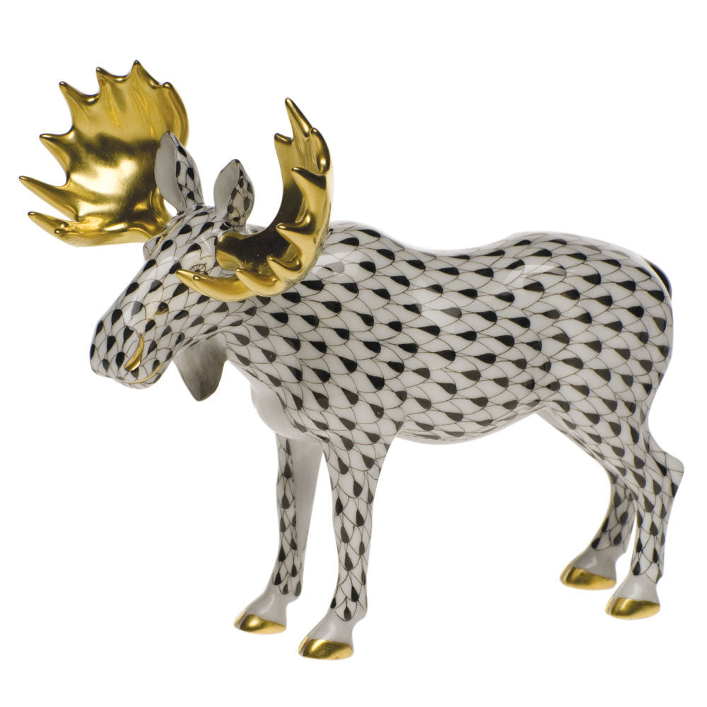 Black fishnet Standing Moose Figurine figurine, hand-painted Herend porcelain with 24k gold accents