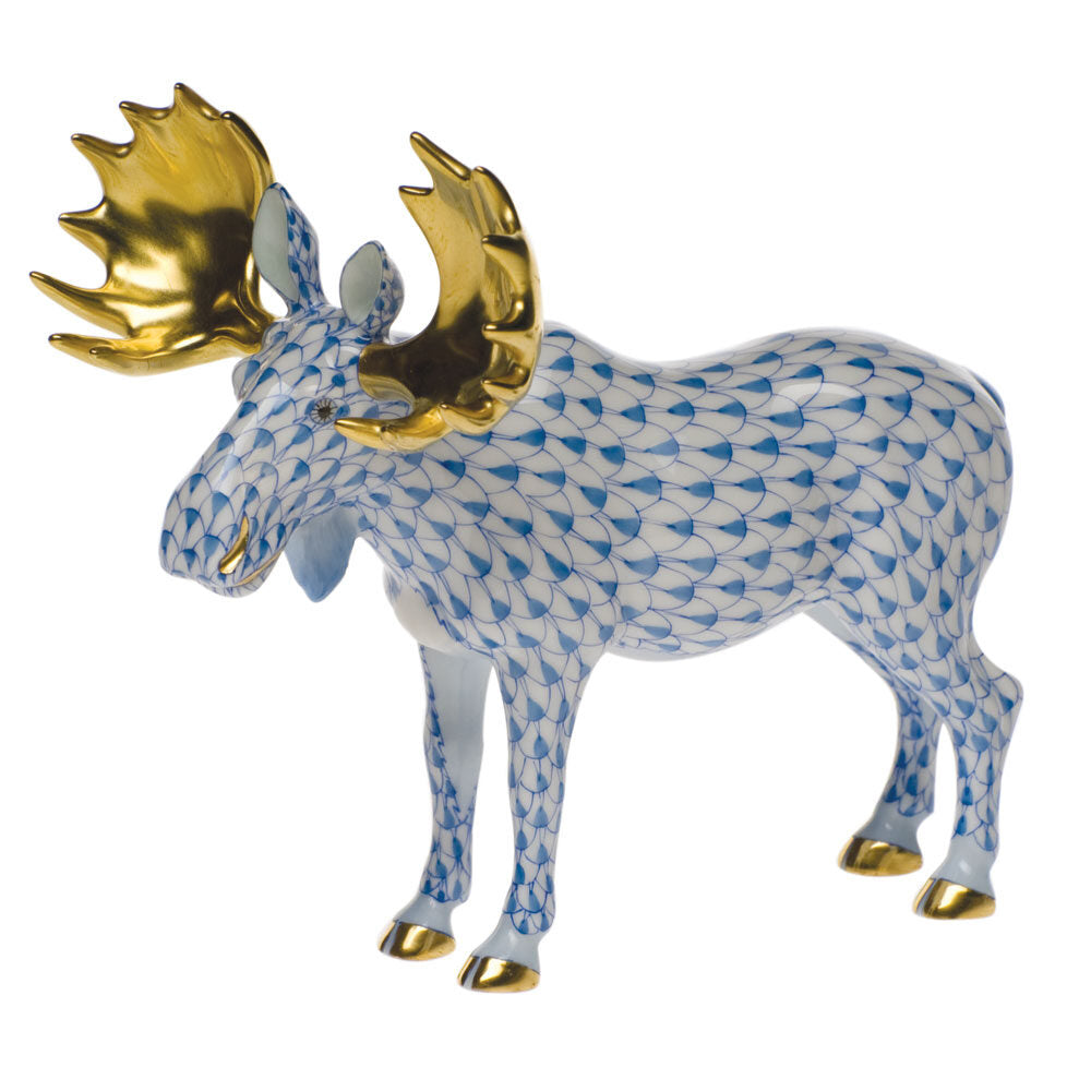 Herend Standing Moose Figurine porcelain figurine painted in the Blue fishnet pattern