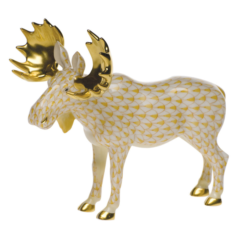 Hand-painted Herend Standing Moose Figurine in Butterscotch fishnet porcelain on a white background