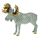 Hand-painted Herend Standing Moose Figurine in Green fishnet porcelain on a white background