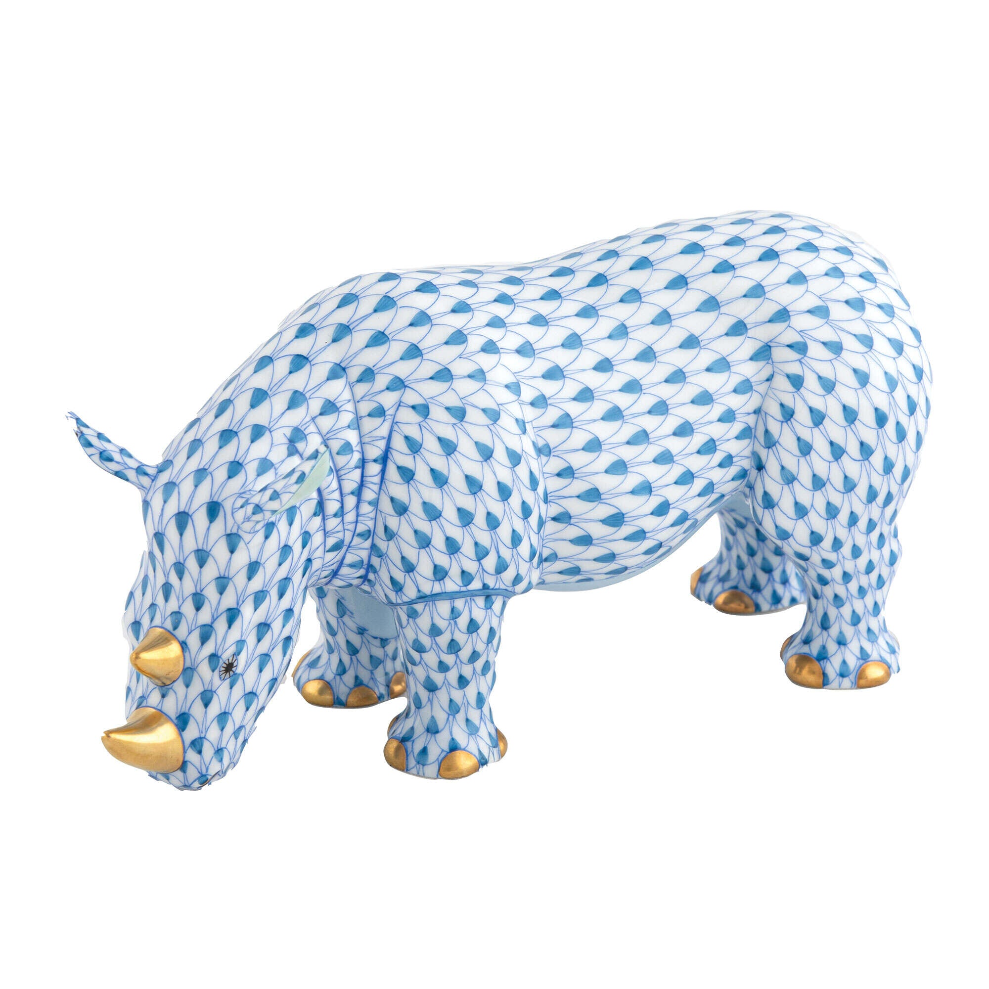 Blue fishnet Standing Rhinoceros Figurine figurine, hand-painted Herend porcelain with 24k gold accents