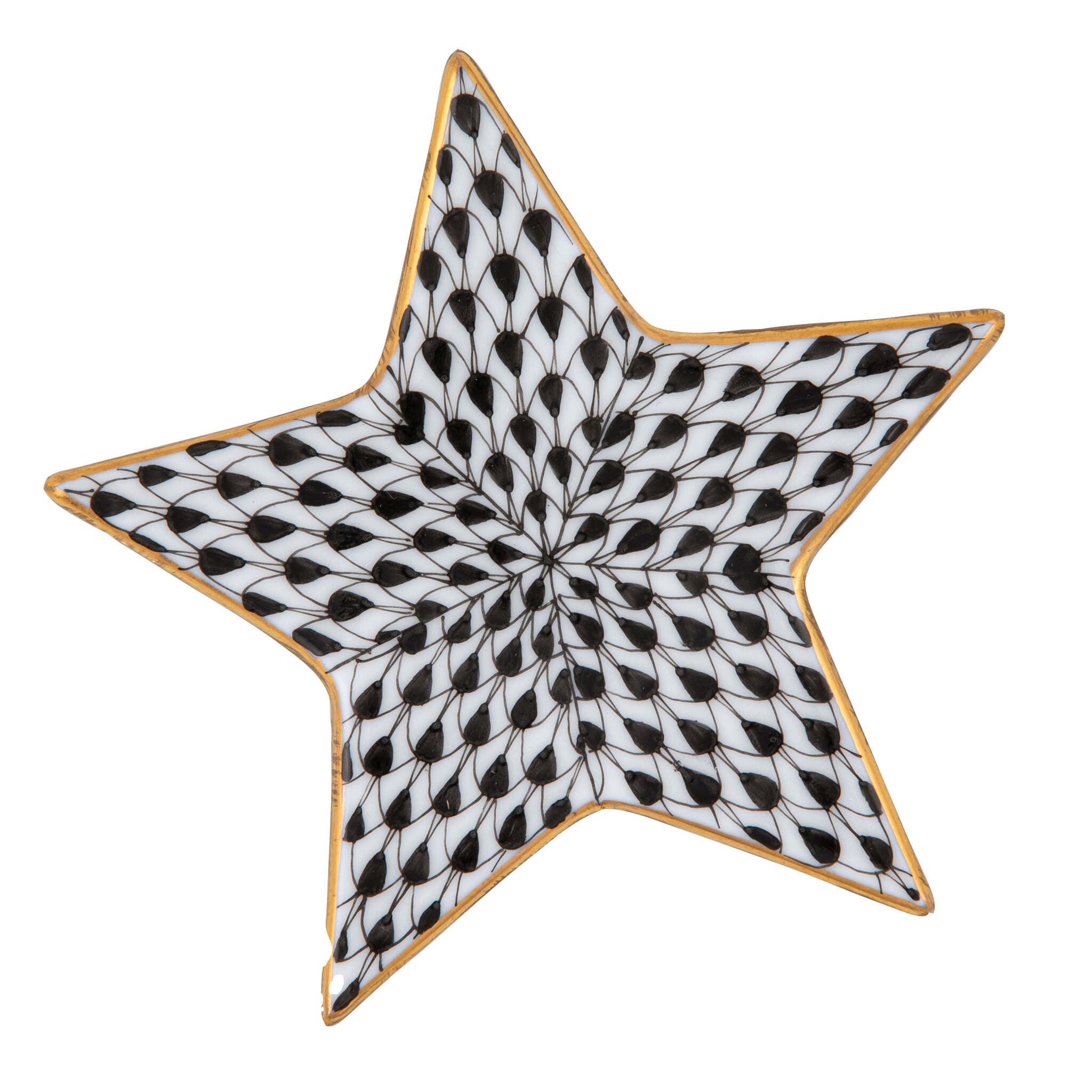 Hand-painted Herend Star Figurine in Black fishnet porcelain on a white background