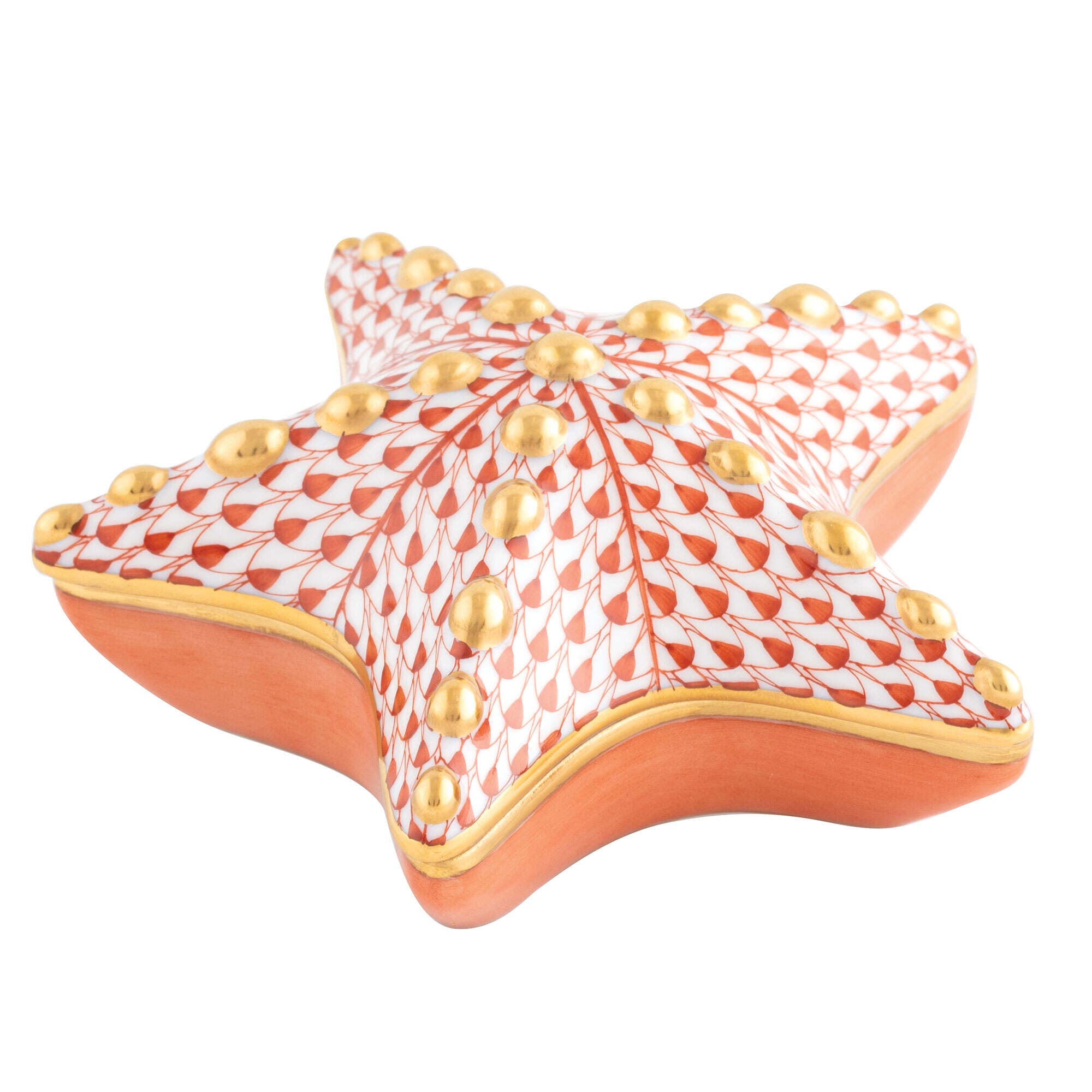 Rust fishnet Starfish Box figurine, hand-painted Herend porcelain with 24k gold accents